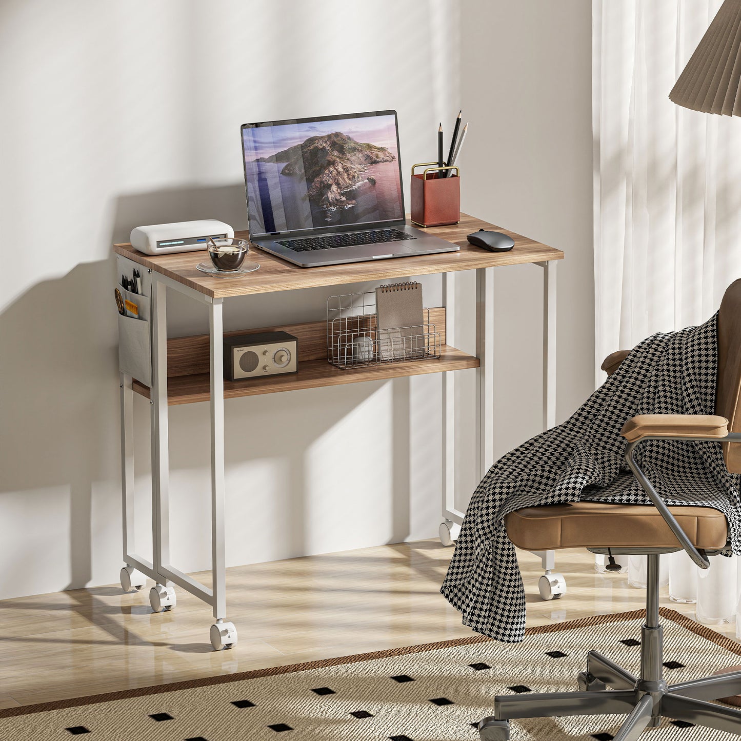 HOMCOM 80 cm Folding Desk with Storage Shelf and Drop Leaf on Wheels - Natural Wood Finish