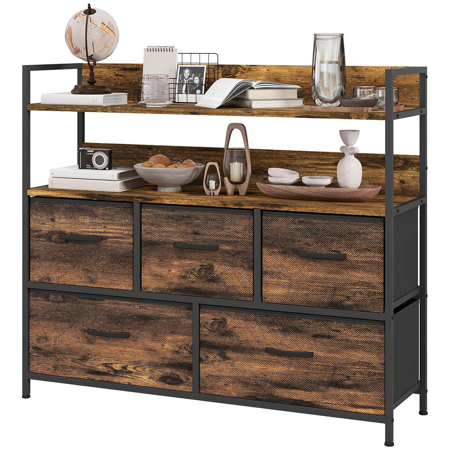 HOMCOM Rustic Chest of Five Fabric Drawers - Brown Wood Effect