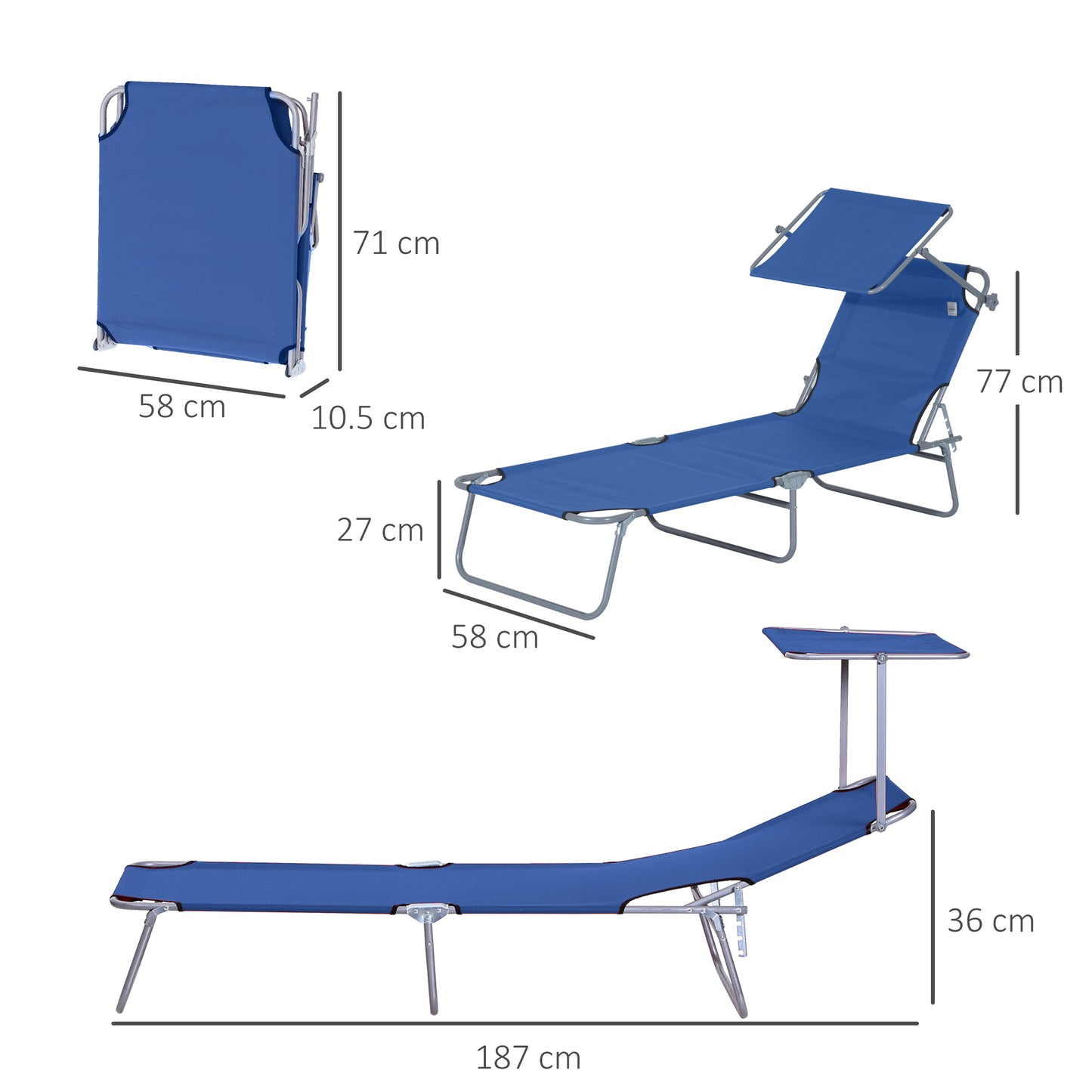 Outsunny 2-Piece Foldable Sun Lounger, 4-Level Adjustable Reclining Chair with Adjustable Sun Shade for Beach, Garden, Patio, Blue.