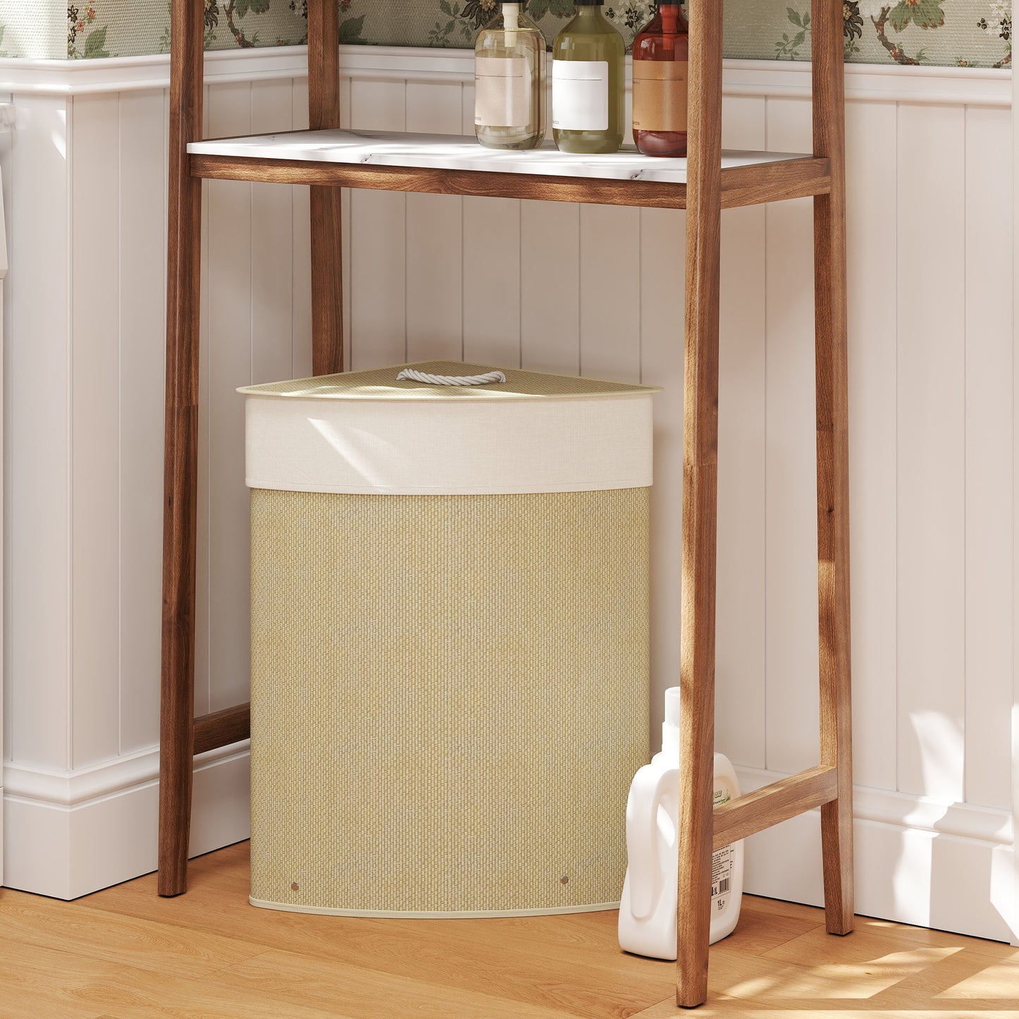 HOMCOM Bamboo Laundry Basket with Lid, 55L Corner Hamper, Removable Liner, Bathroom Triangle Basket, 35x35x60cm, Nature Wood Finish