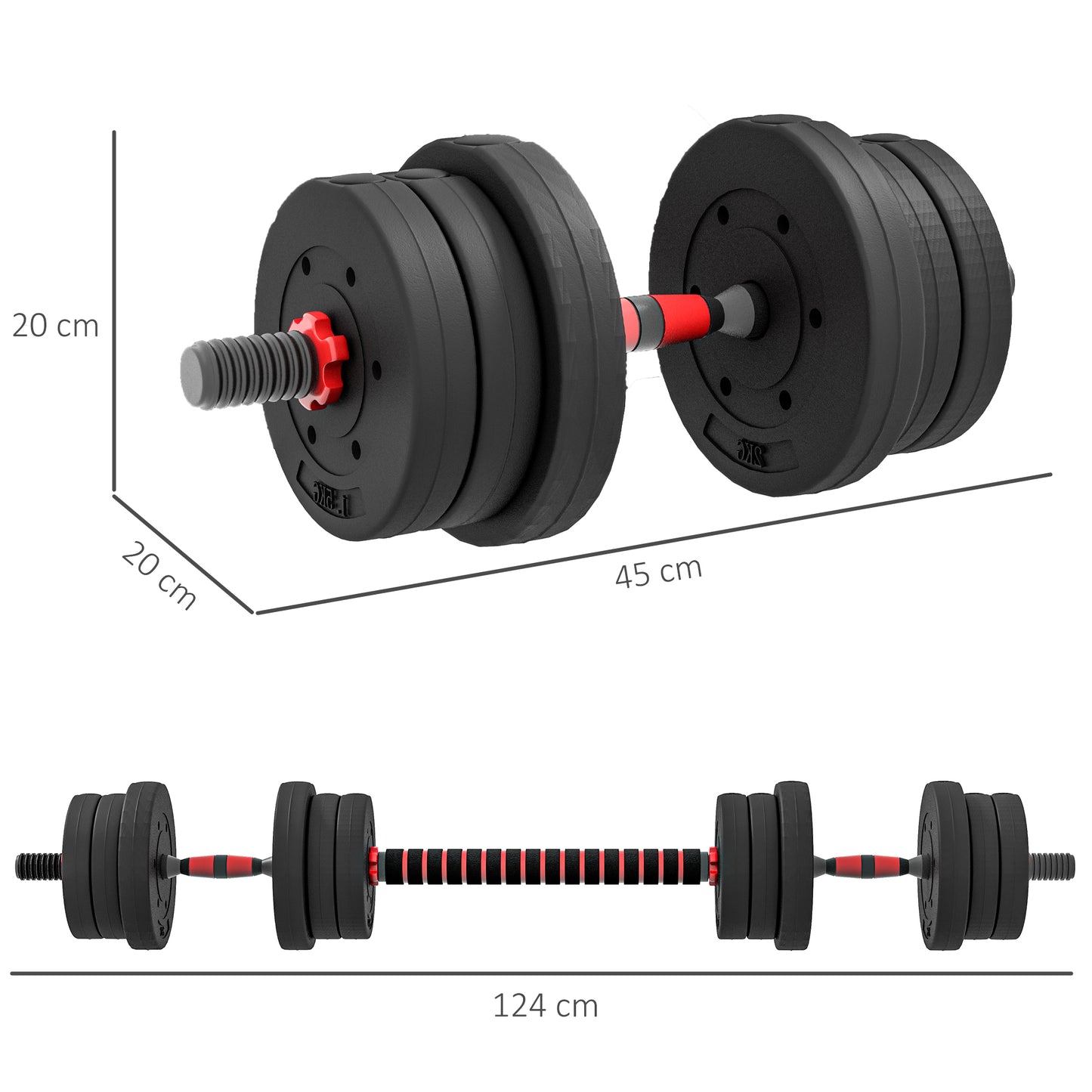 HOMCOM 20kg Adjustable Dumbbells Set, 2-in-1 Weight Barbell for Fitness Training, Black