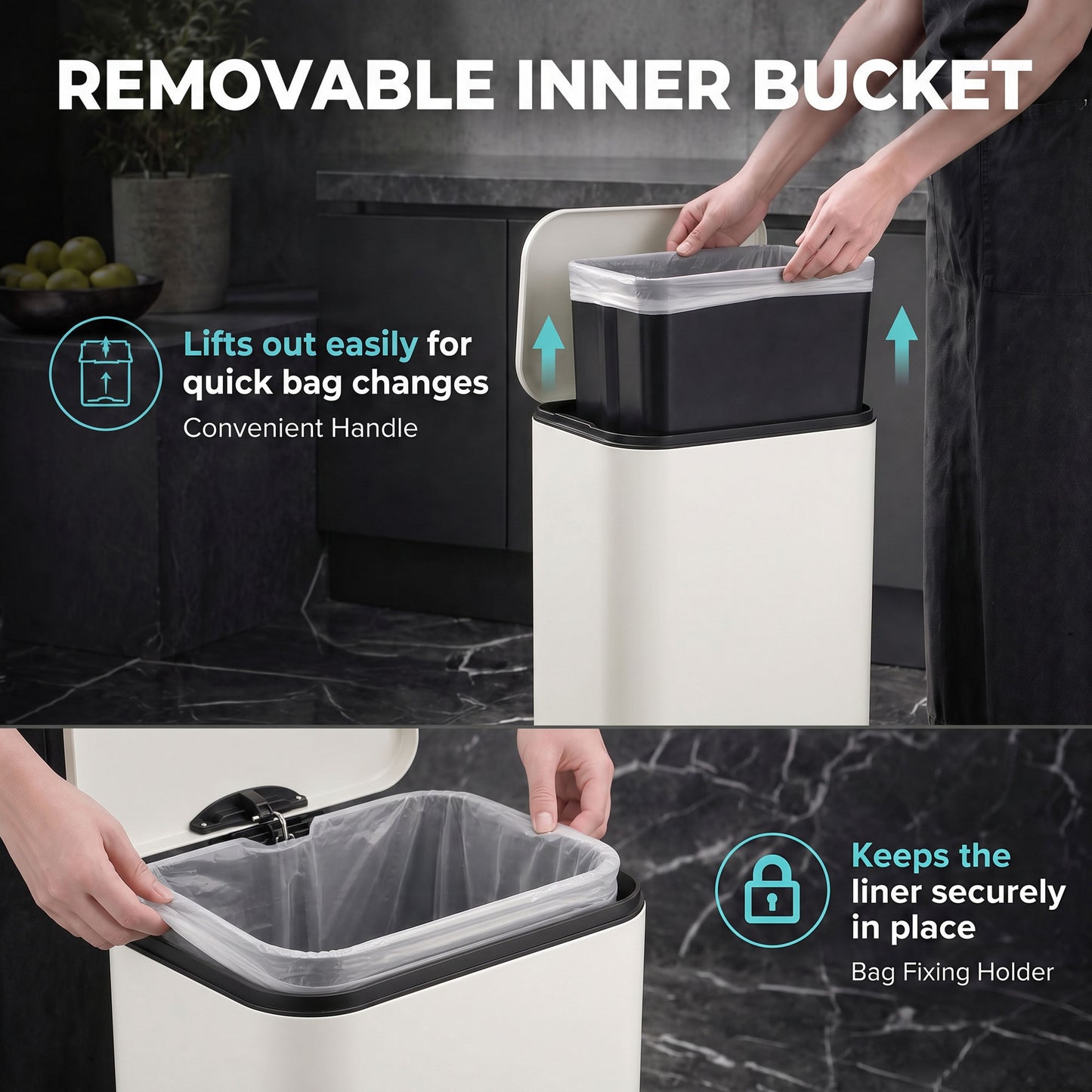 HOMCOM 20 L Kitchen Pedal Bin, Metal Rubbish Bin with Removable Inner Bucket, Soft-Close & Stay-Open Lid, Cream White
