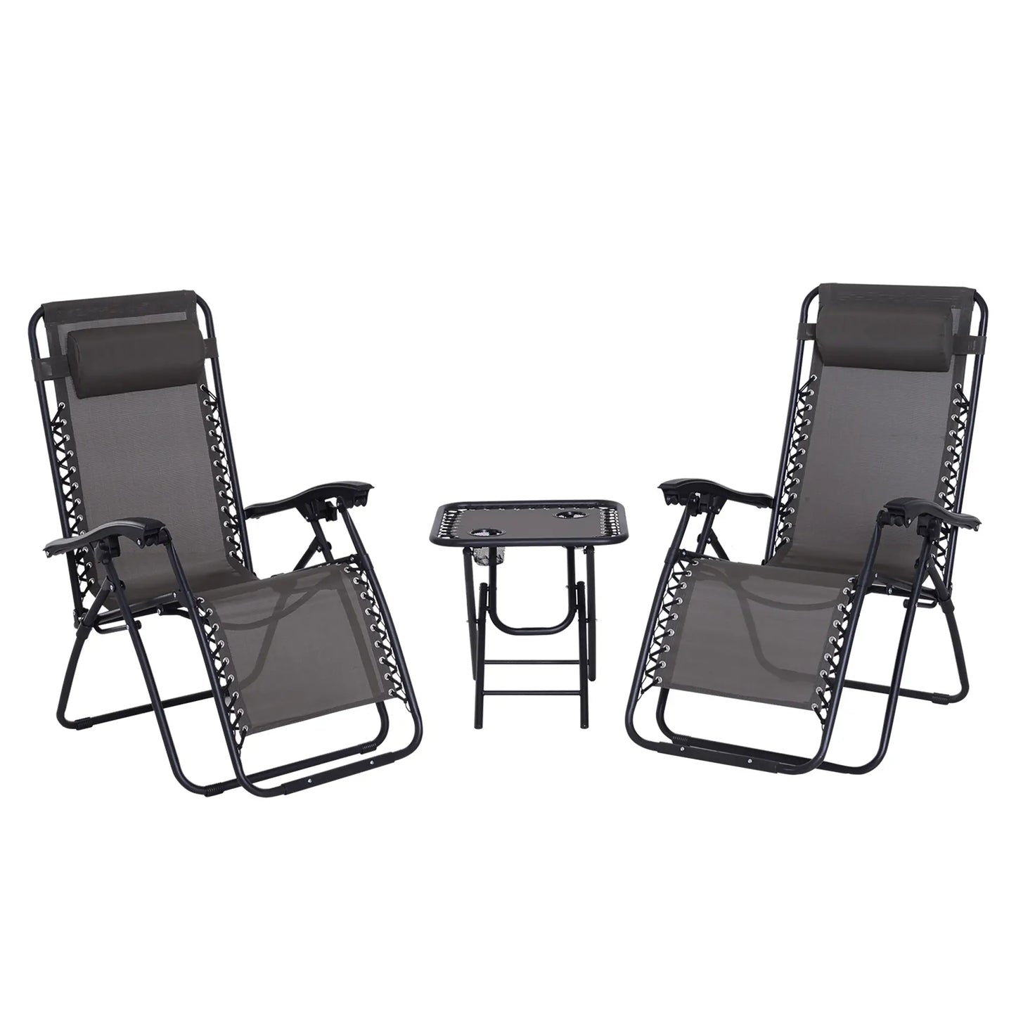 Outsunny 3pcs Folding Zero Gravity Chairs Sun Lounger Table Set w/ Cup Holders Reclining Garden Yard Pool, Dark Grey