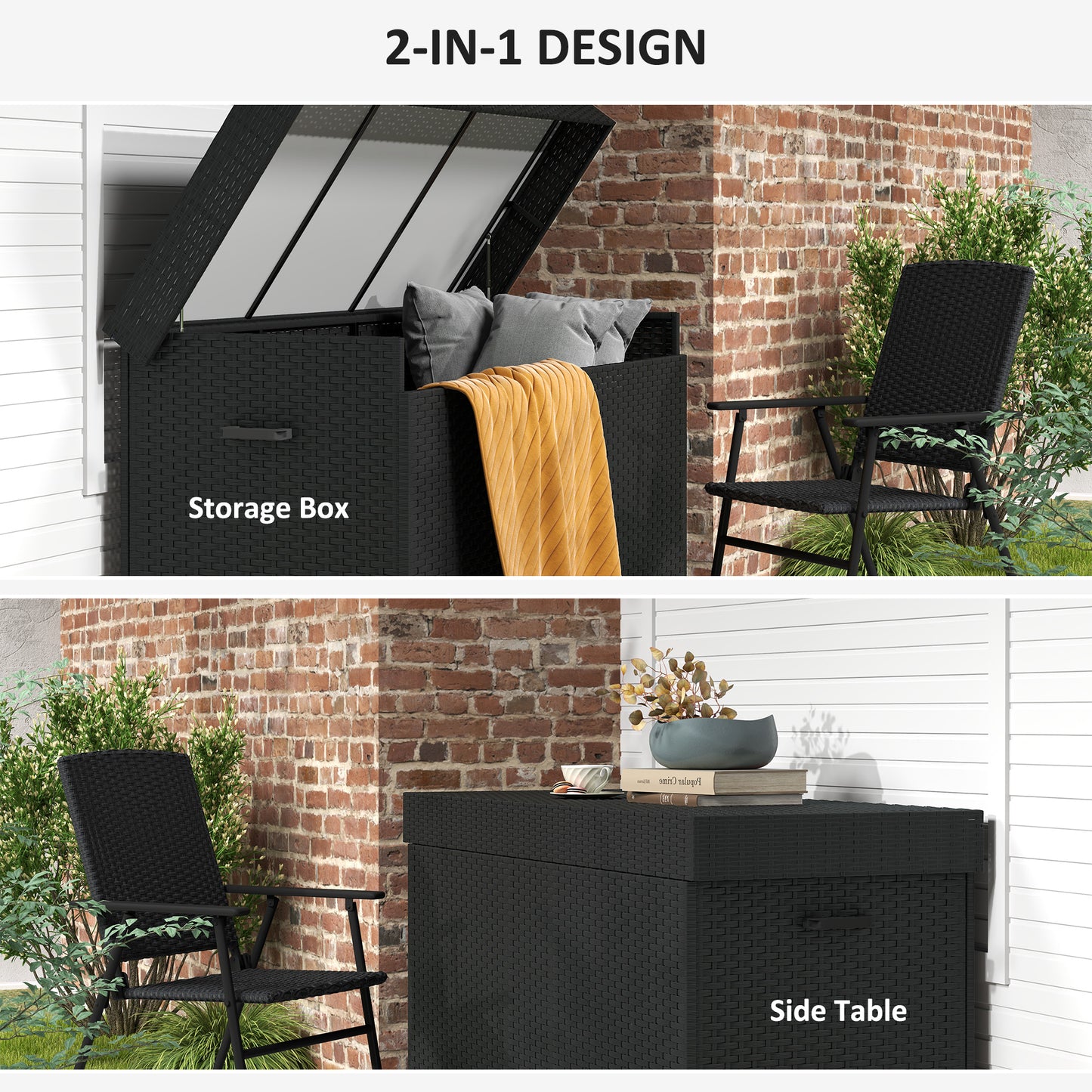 Outsunny 627 L Rattan Garden Storage Box, Outdoor Cushion Chest with Gas Lift Lid & Wheels, Black