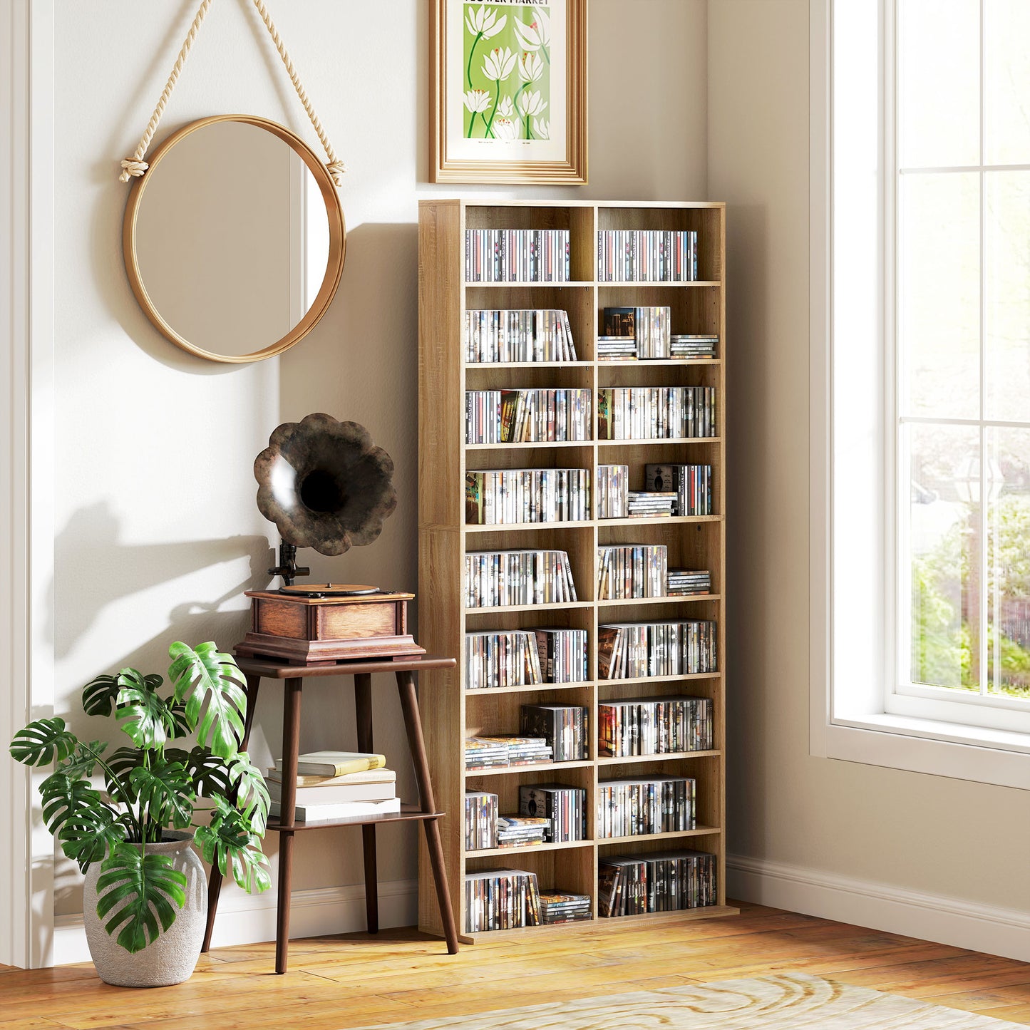 HOMCOM 640 CD Storage Tower - Nature Wood Finish