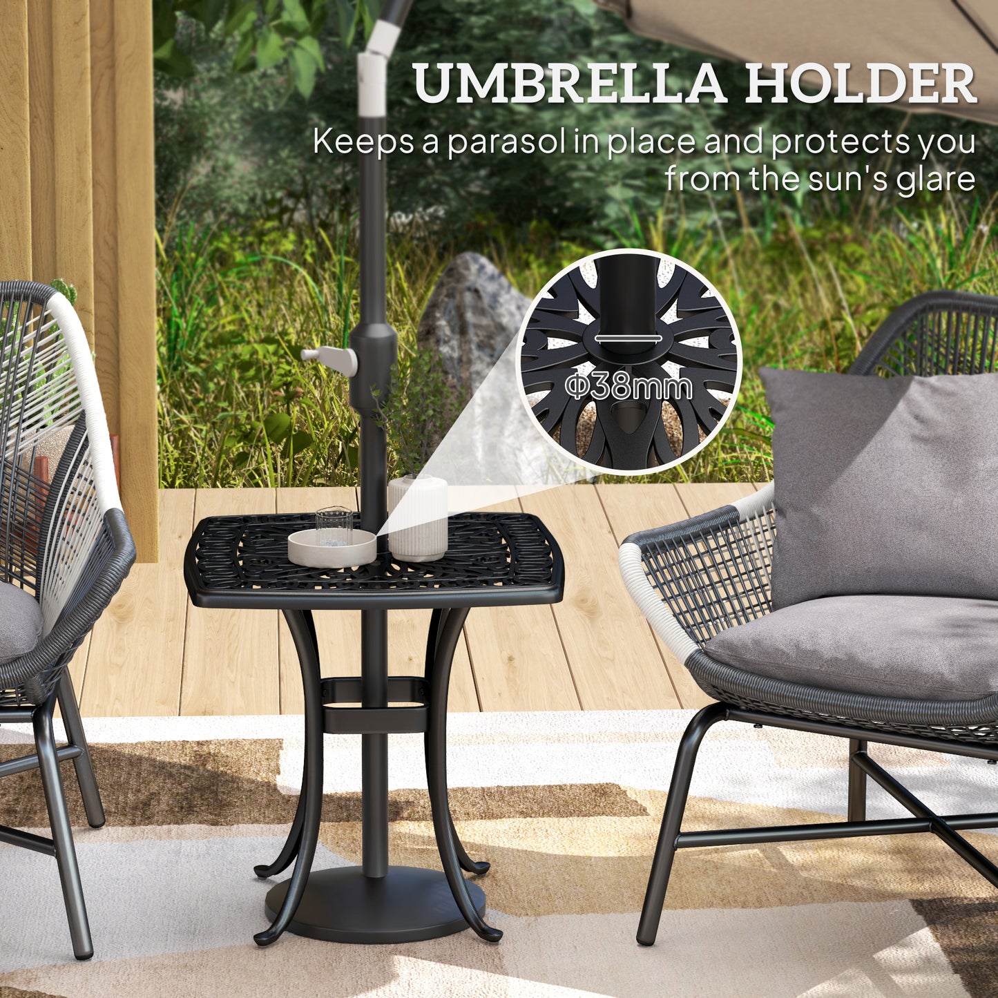 Outsunny Cast Aluminium Garden Table, 38mm Umbrella Hole, Anti-slip Feet, 54 x 54cm, Black