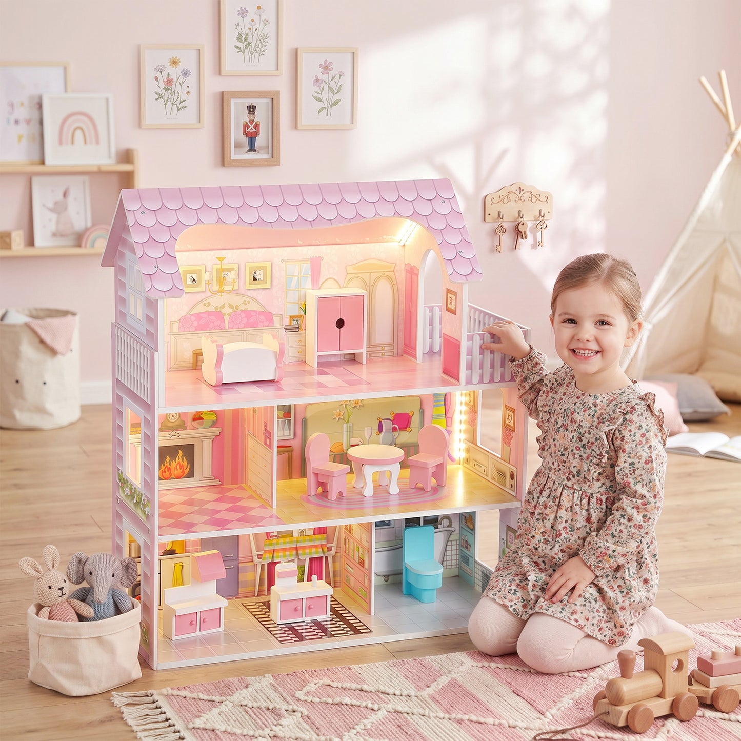 AIYAPLAY Dolls House, 6 Rooms Modern Dollhouse with LED Lights, 8 Furniture Pieces, 3-Level Playhouse Gift for Kids 3-6 Years