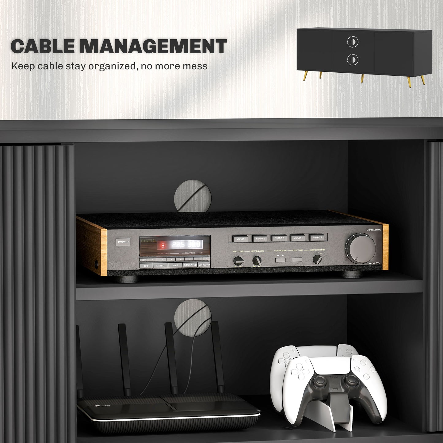 HOMCOM Modern TV Stand for TVs up to 55", 2 Cabinets, Cable Management, Black