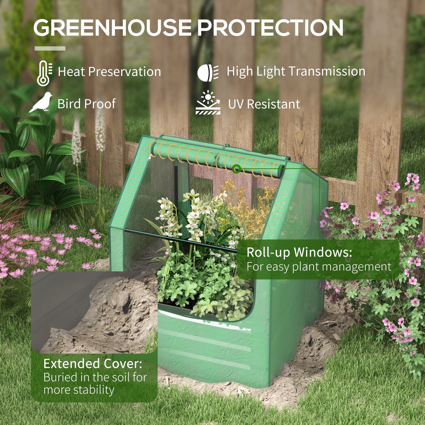 Outsunny 61 x 61cm Garden Planter Bed, with Cover - Green and Silver