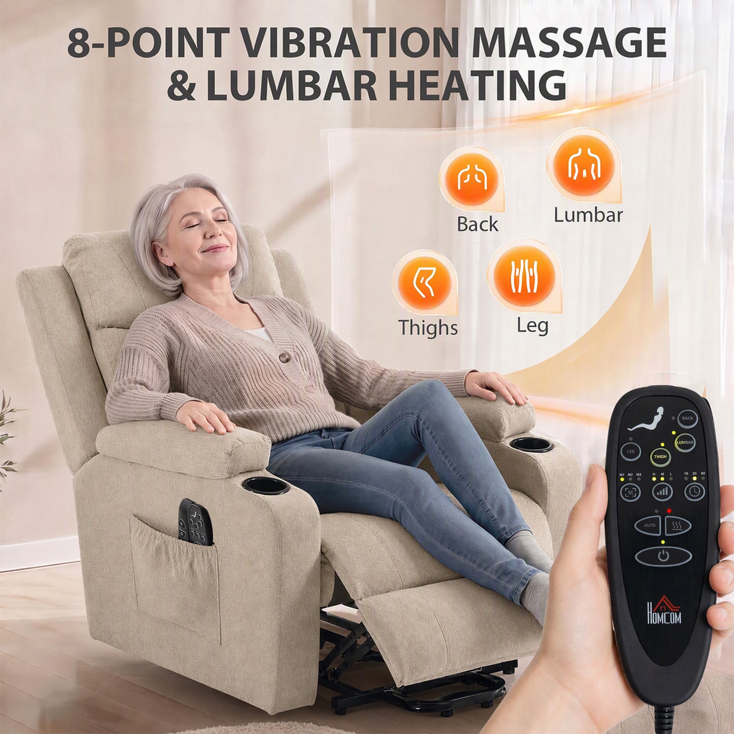 HOMCOM Riser Recliner Chair with Massage and Heat, Linen Electric Lift Armchair for Elderly with Spring Cushion, Beige