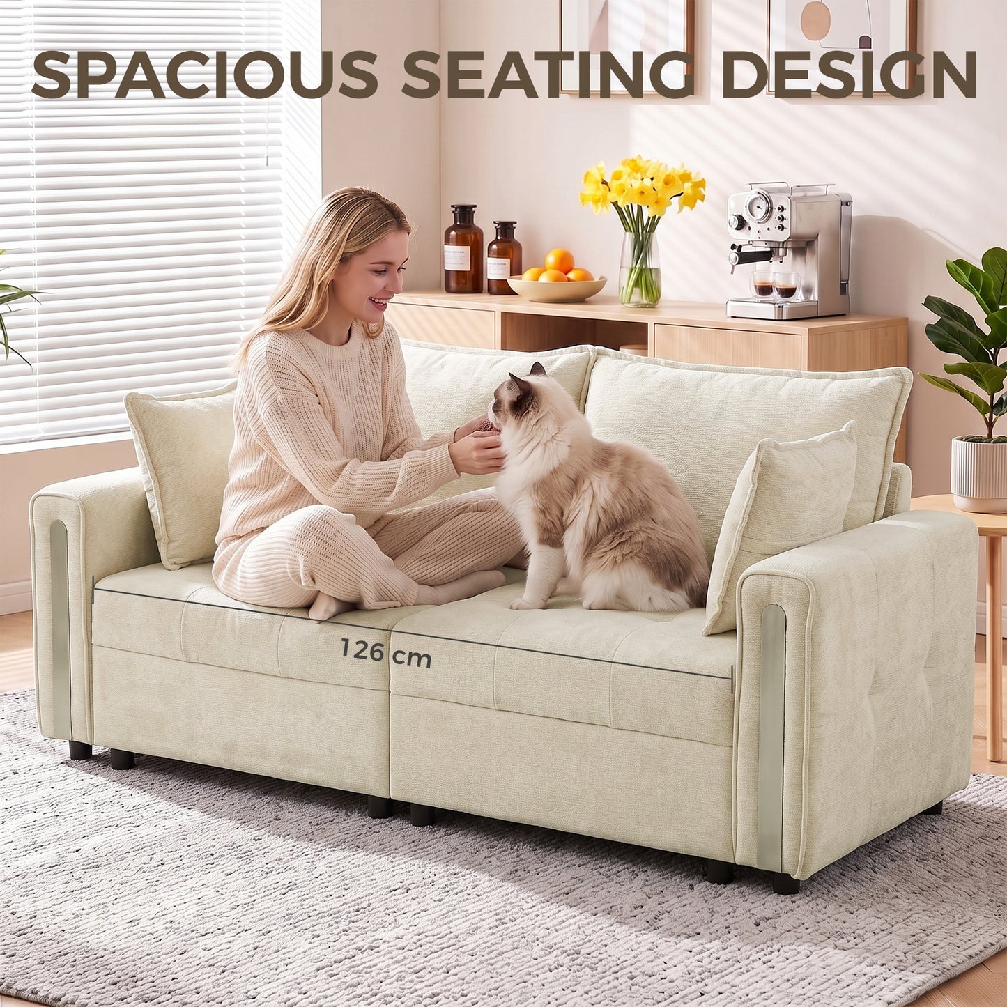 HOMCOM 2 Seater Sofa with Lift-Up Storage, 168 cm Comfy Velvet Small Couch with Wide Deep Seat Beige