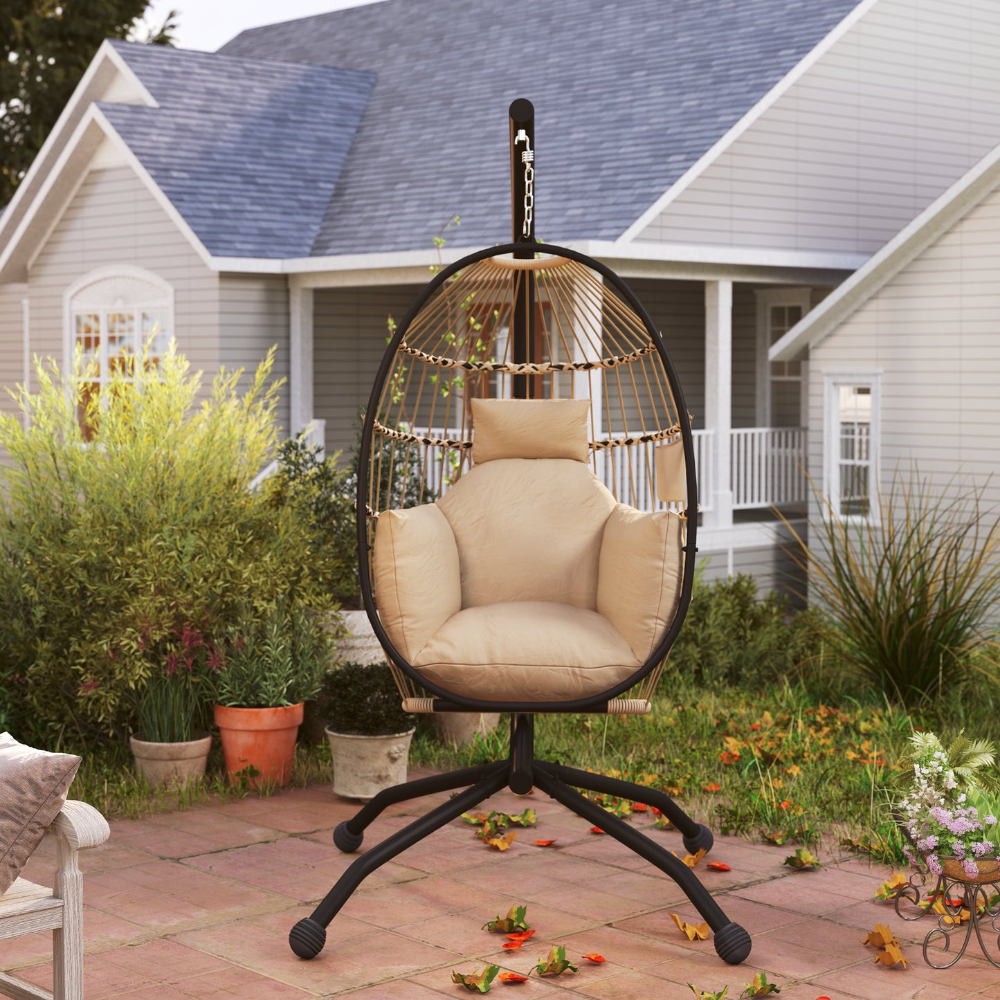Outsunny Hanging Egg Chair with Stand, Cushion, Headrest & Cup Holder for Garden, Patio, Balcony, Khaki