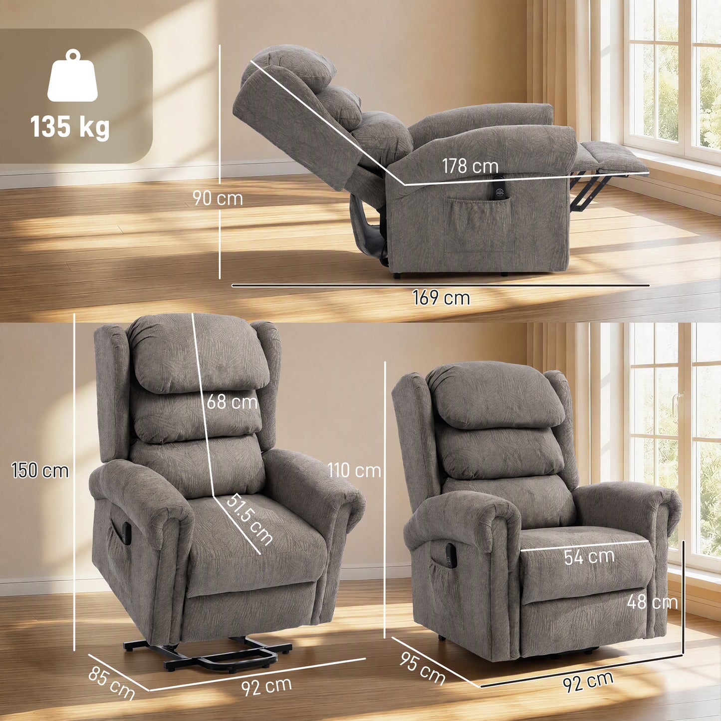 HOMCOM Velvet-Feel Electric Riser Recliner Chair, Power Lift Recliner Chair for Elderly with Remote Control, Dark Grey