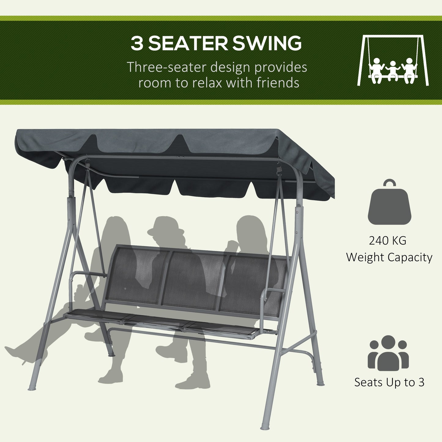 Outsunny 3-Seater Swing Chair Metal Frame Dark Grey