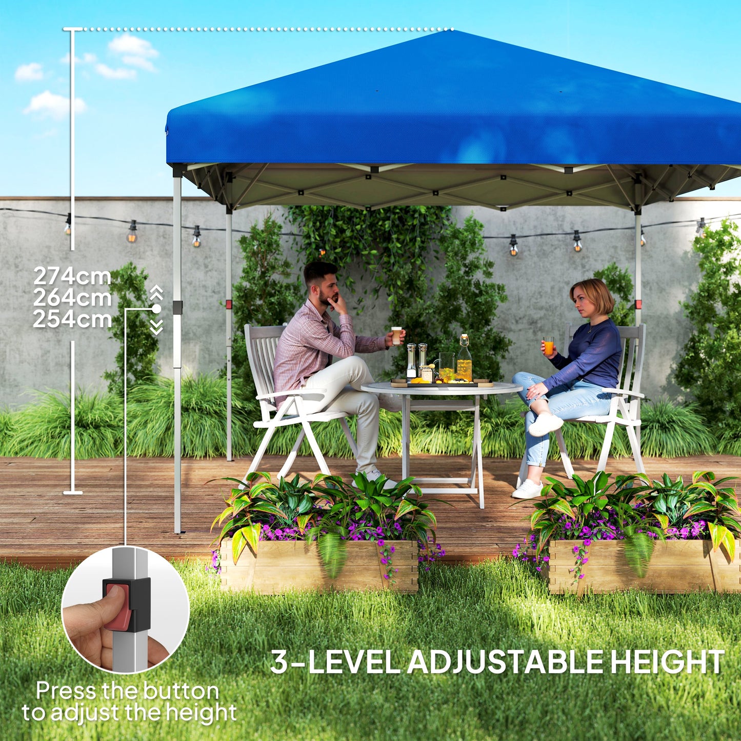 Outsunny Pop Up Gazebo 3x3m, UPF 30+, 2 Sidewalls, Leg Bags & Wheeled Bag, Height Adjustable Party Tent for Garden/Patio, Blue