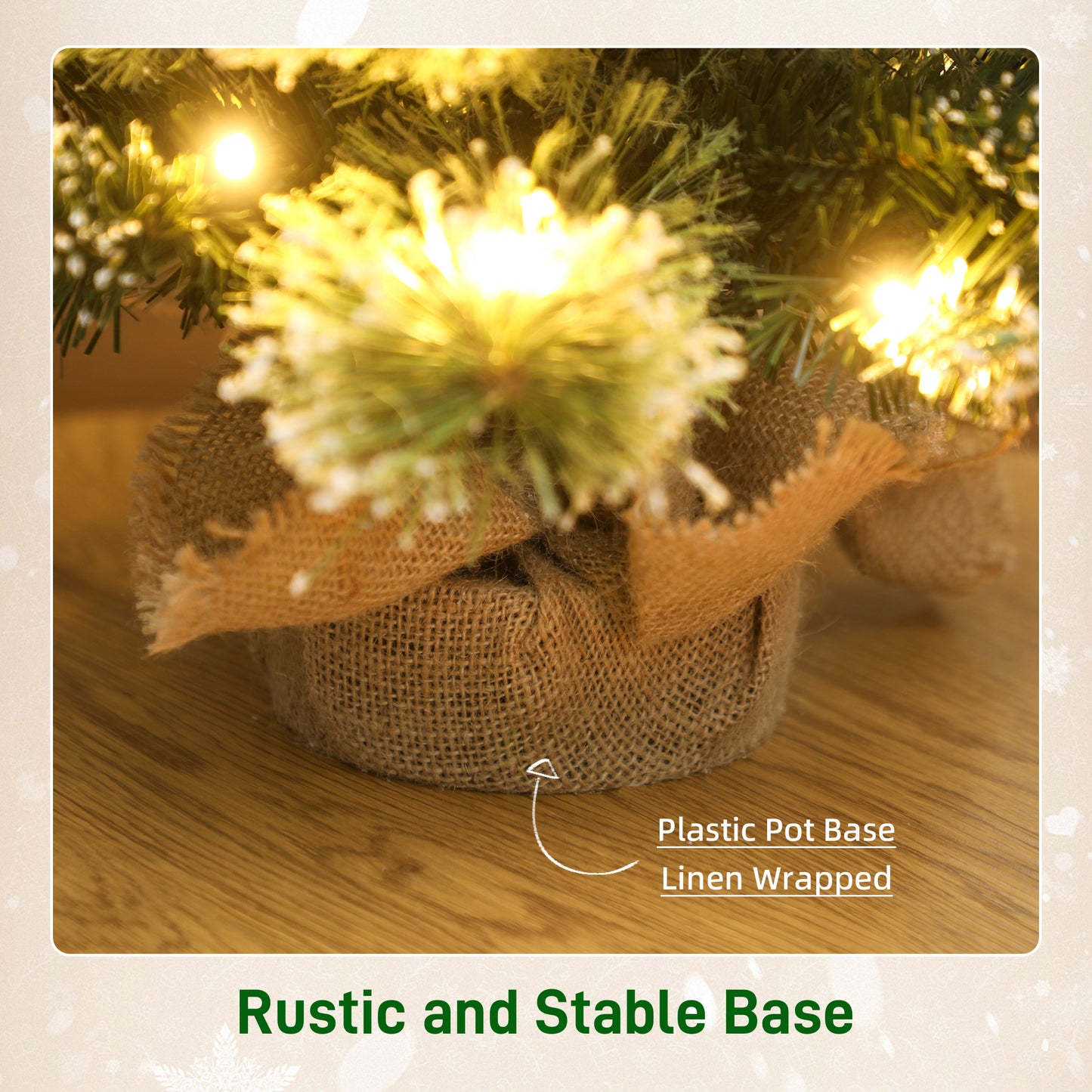 HOMCOM 60cm Prelit Christmas Tree, Snow Flocked Tabletop with 35 LED Lights, Pine Cones, Linen Base, Battery Operated, Green