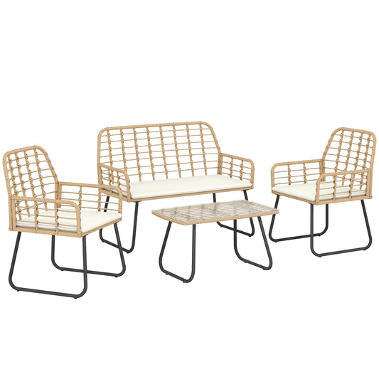 Outsunny 4 Piece Rattan Garden Furniture Set, Outdoor Patio Furniture, Armchairs and Coffee Table