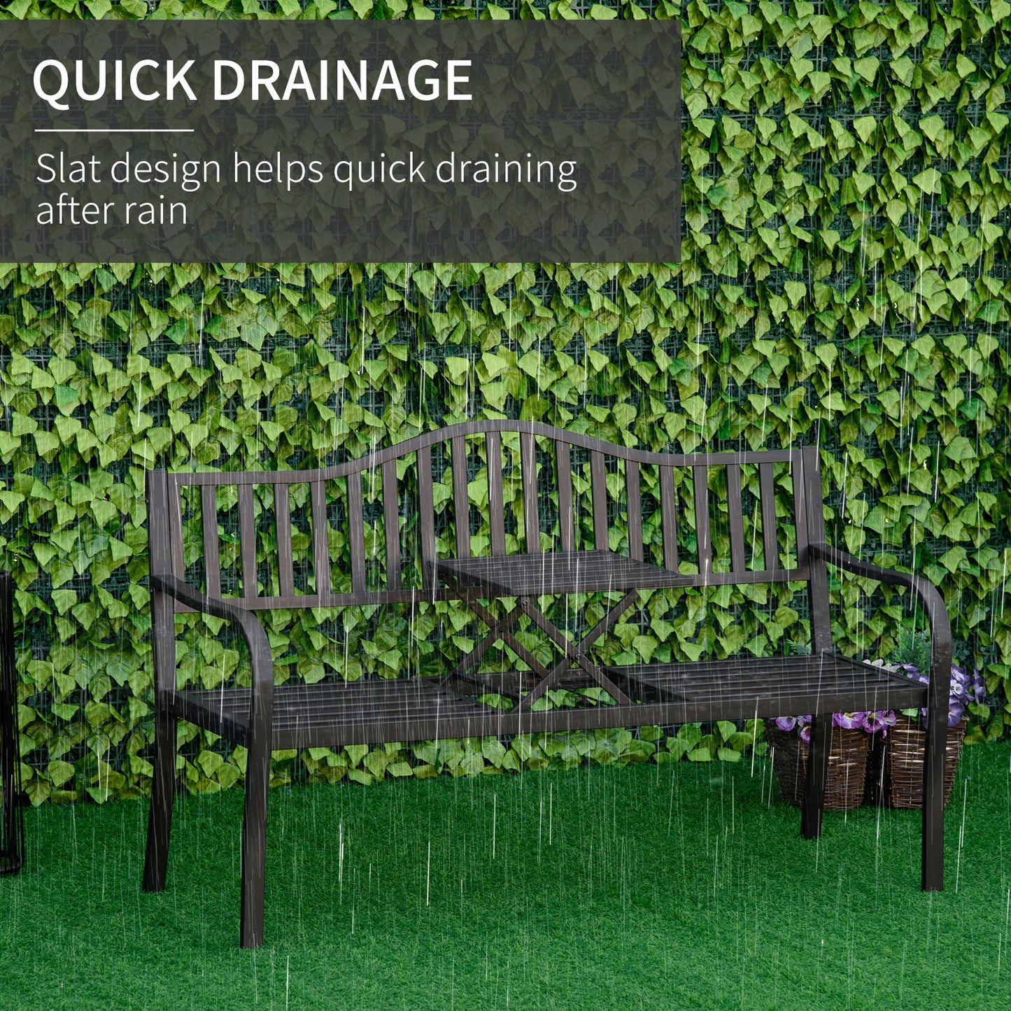 Outsunny Metal Outdoor Bench with Liftable Middle Table, Patio Loveseat, Garden Bench for Garden, Porch, Seats 2–3 People, Black