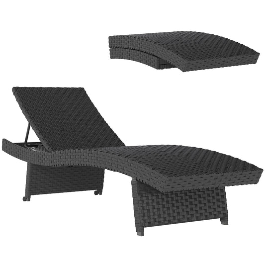 Outsunny Outdoor PE Rattan Sun Lounger, Folding Recliner with 4-Level Adjustable Backrest, Wheels & Non-Slip Legs for Balcony/Beach, Black