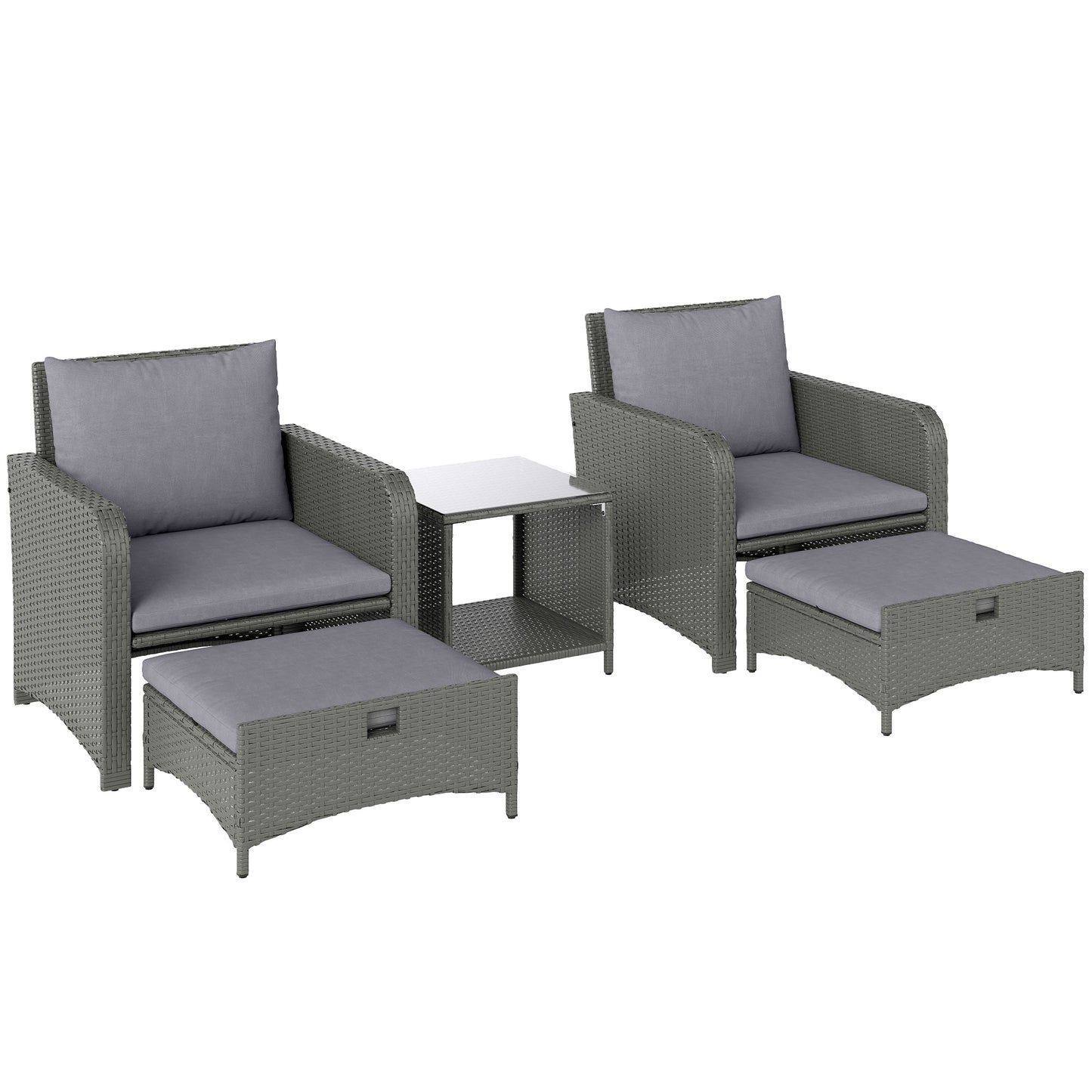 Outsunny Five Piece Rattan Garden Furniture Set with 2-Tier Coffee Table and Ottomans - Grey