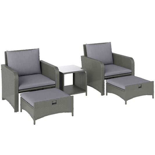 Outsunny Five Piece Rattan Garden Furniture Set with 2-Tier Coffee Table and Ottomans - Grey