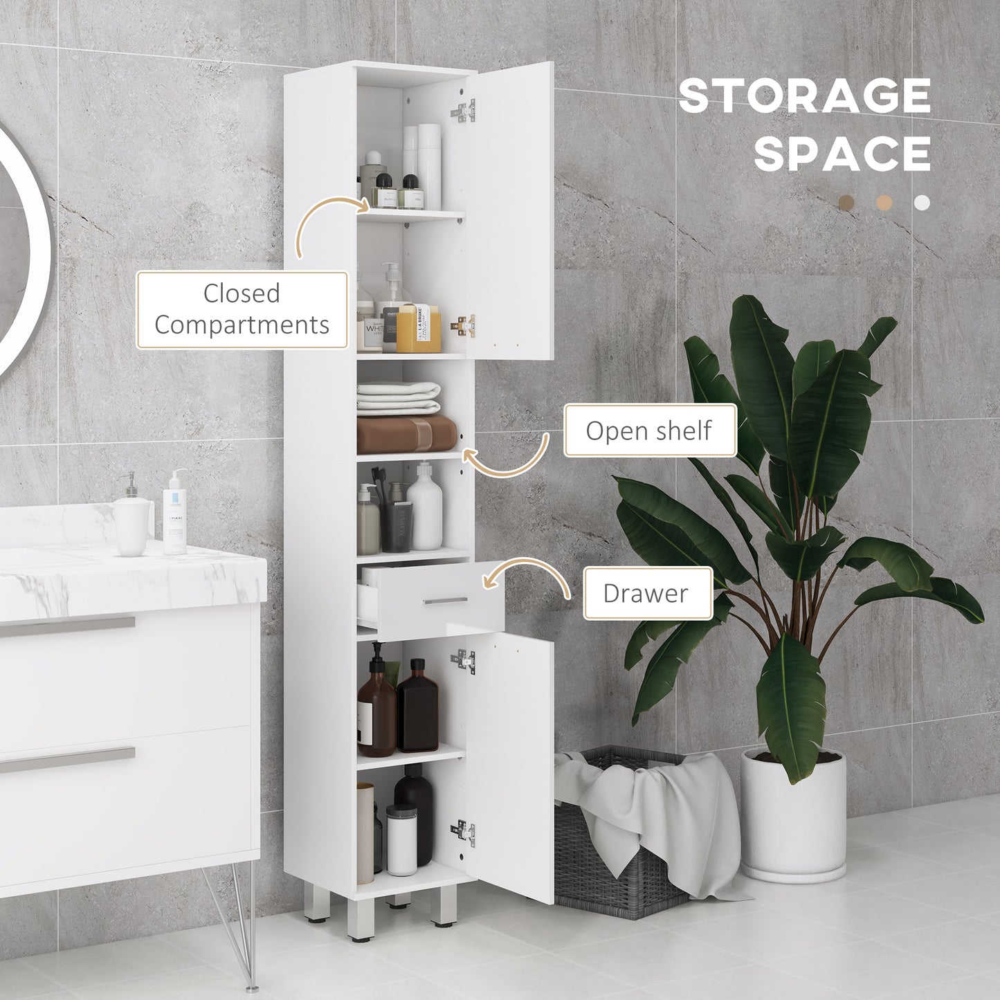 kleankin Slim 71" Bathroom Storage Cabinet with Drawer, Shelves, 2 Doors, Adjustable Shelves for Kitchen, Hallway, Living Room, High Gloss White