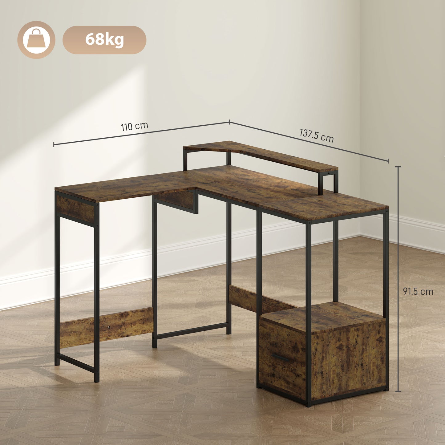 HOMCOM L Shaped Desk, Computer Desk with Liftable Desktop, Rustic Brown