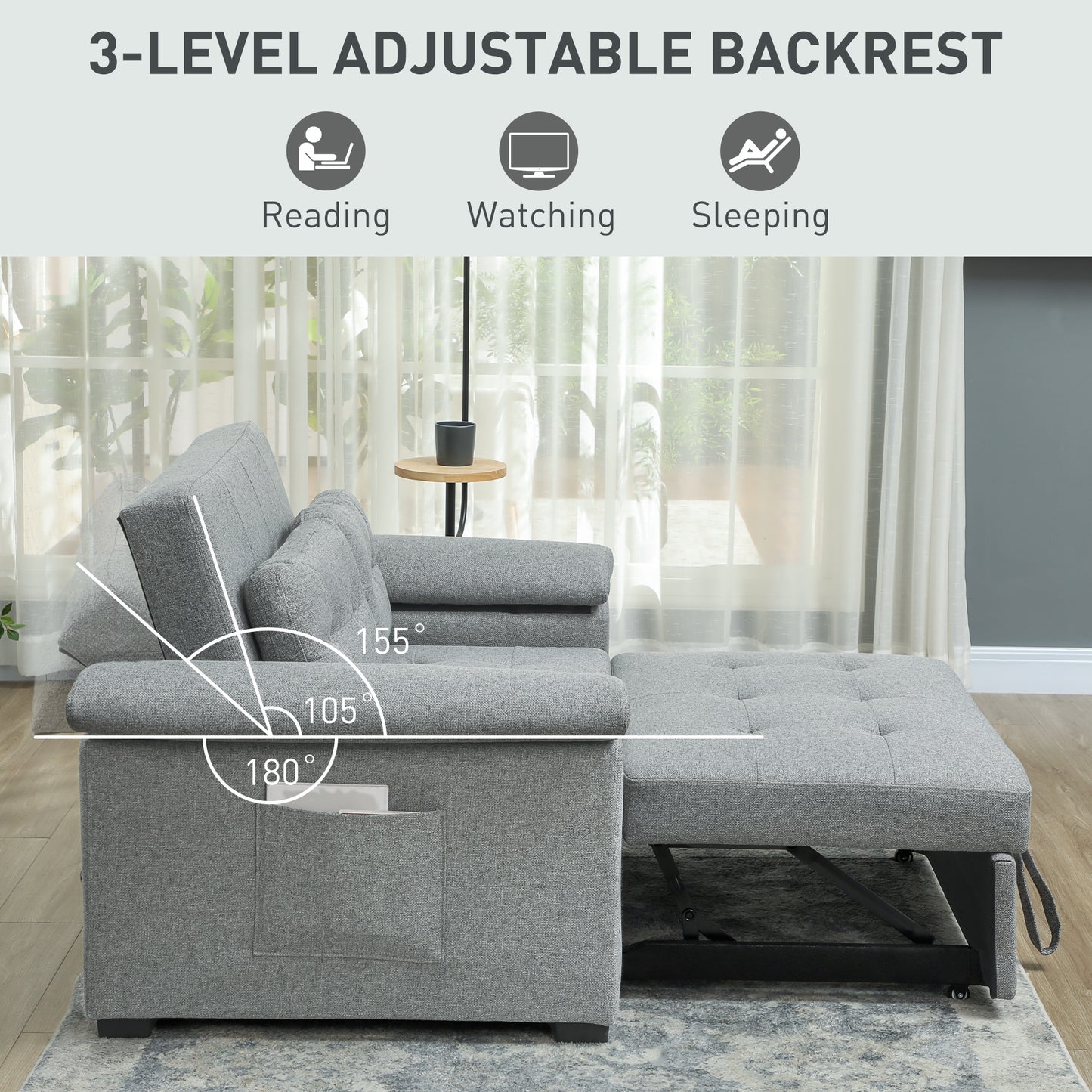 HOMCOM Pull Out Sofa Bed, 2 Seater Click Clack Sofa, Convertible Couch with Pillows & Side Pockets for Living Room, Light Grey