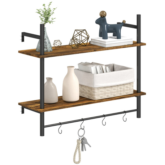 HOMCOM Wall Mounted Floating Shelves with 4 Hooks, Rustic Wall Shelf Unit for Living Room, Entryway, Rustic Brown