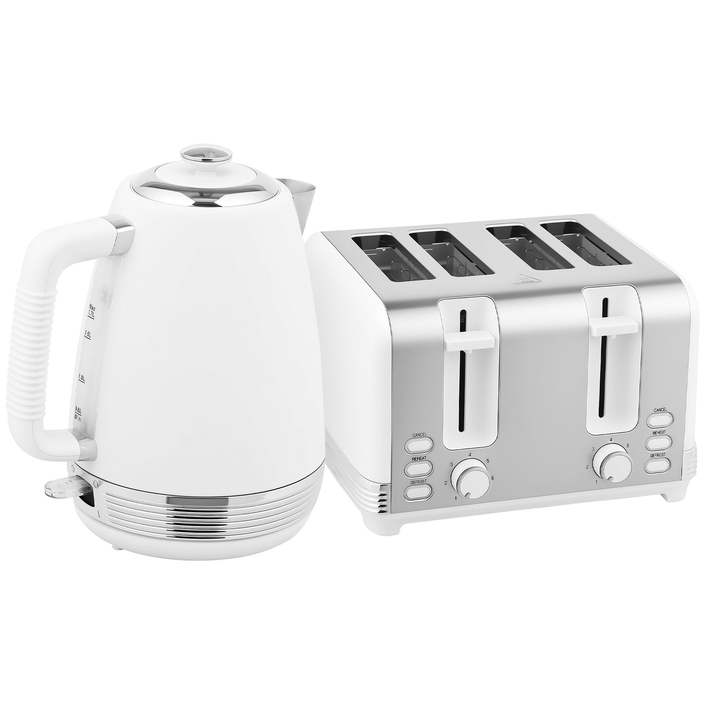 HOMCOM Stainless Steel Kettle and Toaster Set, 1.7L 3000W Jug Kettle, Limescale Filter, 4 Slice Toaster with 7 Browning Controls, Crumb Tray, White/Silver