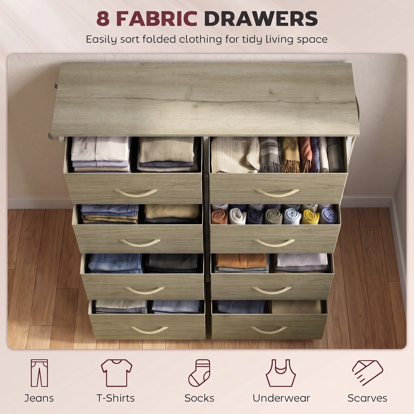 HOMCOM Chest of Drawers, Dresser for Bedroom with 8 Fabric Drawers, Tall Storage Unit w/ Side Storage Bag, Natural Wood Finish