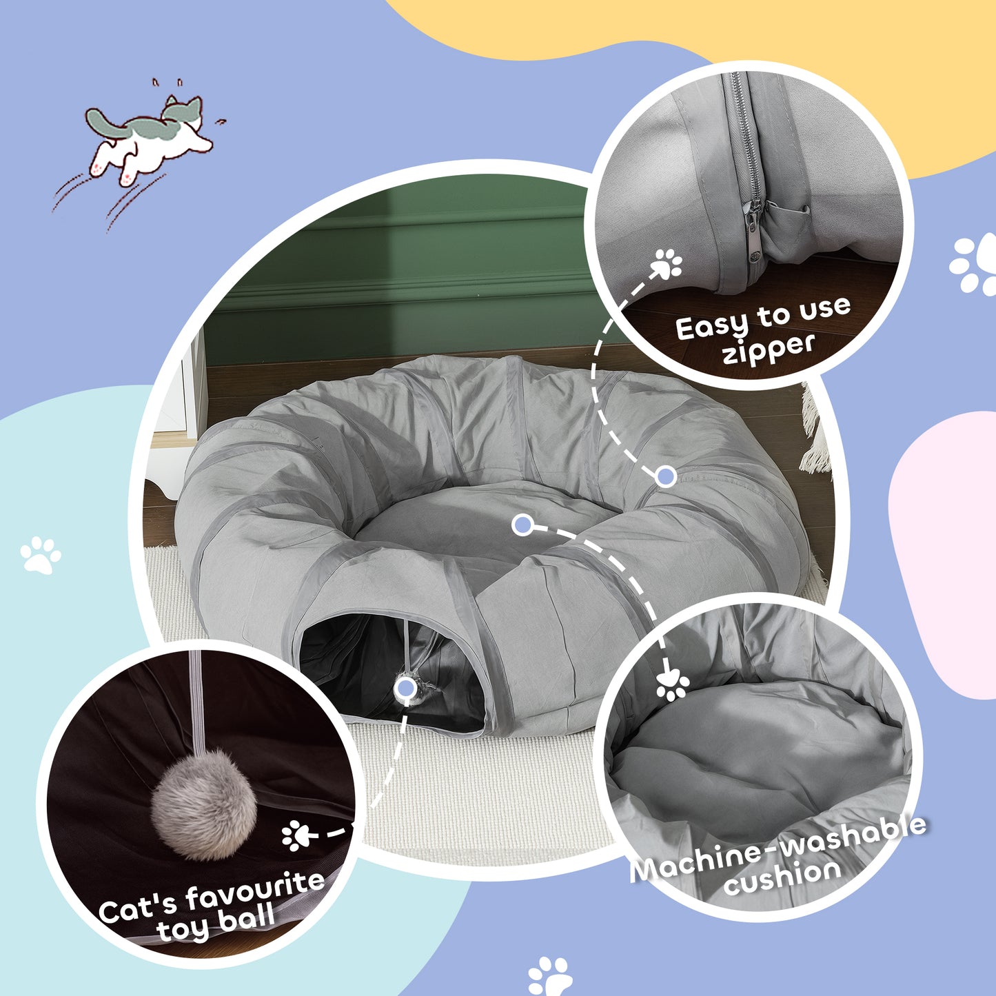 PawHut 2 in 1 Cat Tunnel with Bed, Cat Play Tunnel with Ball & Peek Hole for Indoor Cats, Grey