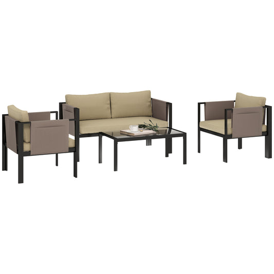 Outsunny 4-Piece Metal Garden Furniture Set with Tempered Glass Table, Loveseat, Single Armchairs, Padded Cushions, Khaki