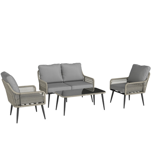 Outsunny Rattan Garden Furniture Set, 4 Piece Outdoor Patio Furniture Tempered Glass Table and Chairs, Indoor Balcony Conservatory Set