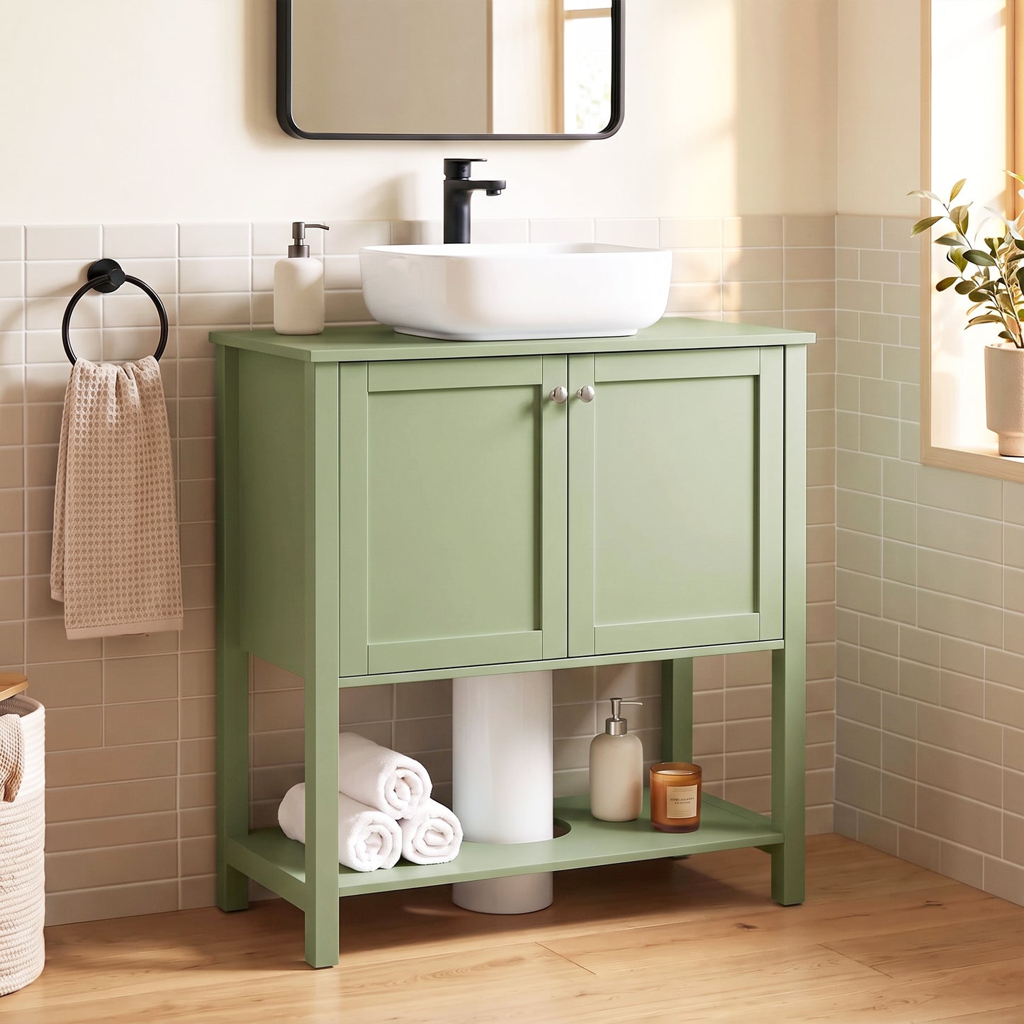 HOMCOM Under Sink Bathroom Cabinet with 2 Doors, Open Shelf and U-Shape Cut-Out for Basin with or without Pedestal, Green