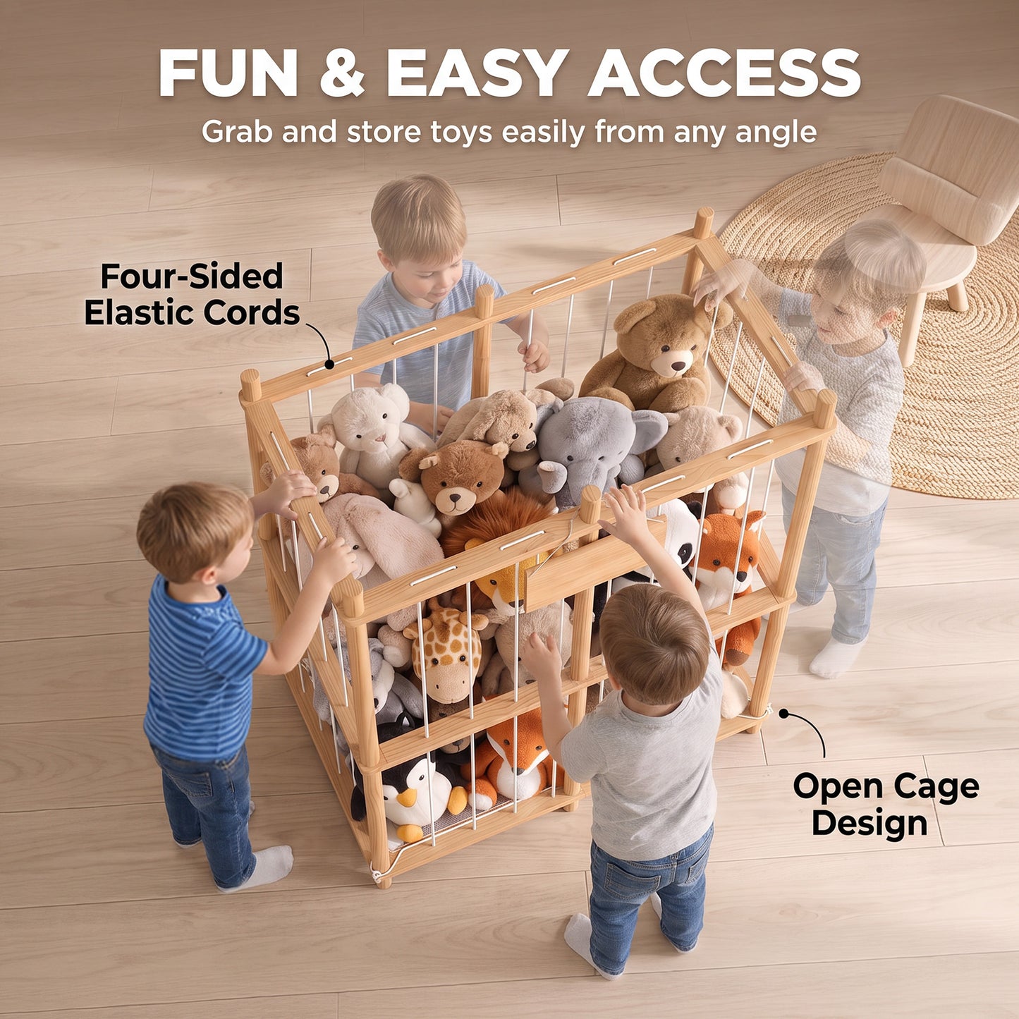 AIYAPLAY Stuffed Animal Storage Organiser, Wooden Storage Zoo with Rounded Corners for Nursery, Kids Room, Playroom, Natural