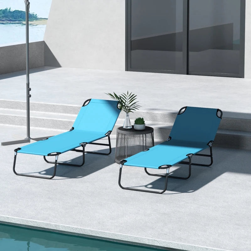 Outsunny Foldable Sun Lounger Set of 2 with 5-Position Adjustable Backrest, Outdoor Portable Recliner Chaise Lounge Chair with Breathable Mesh Fabric, Sky Blue