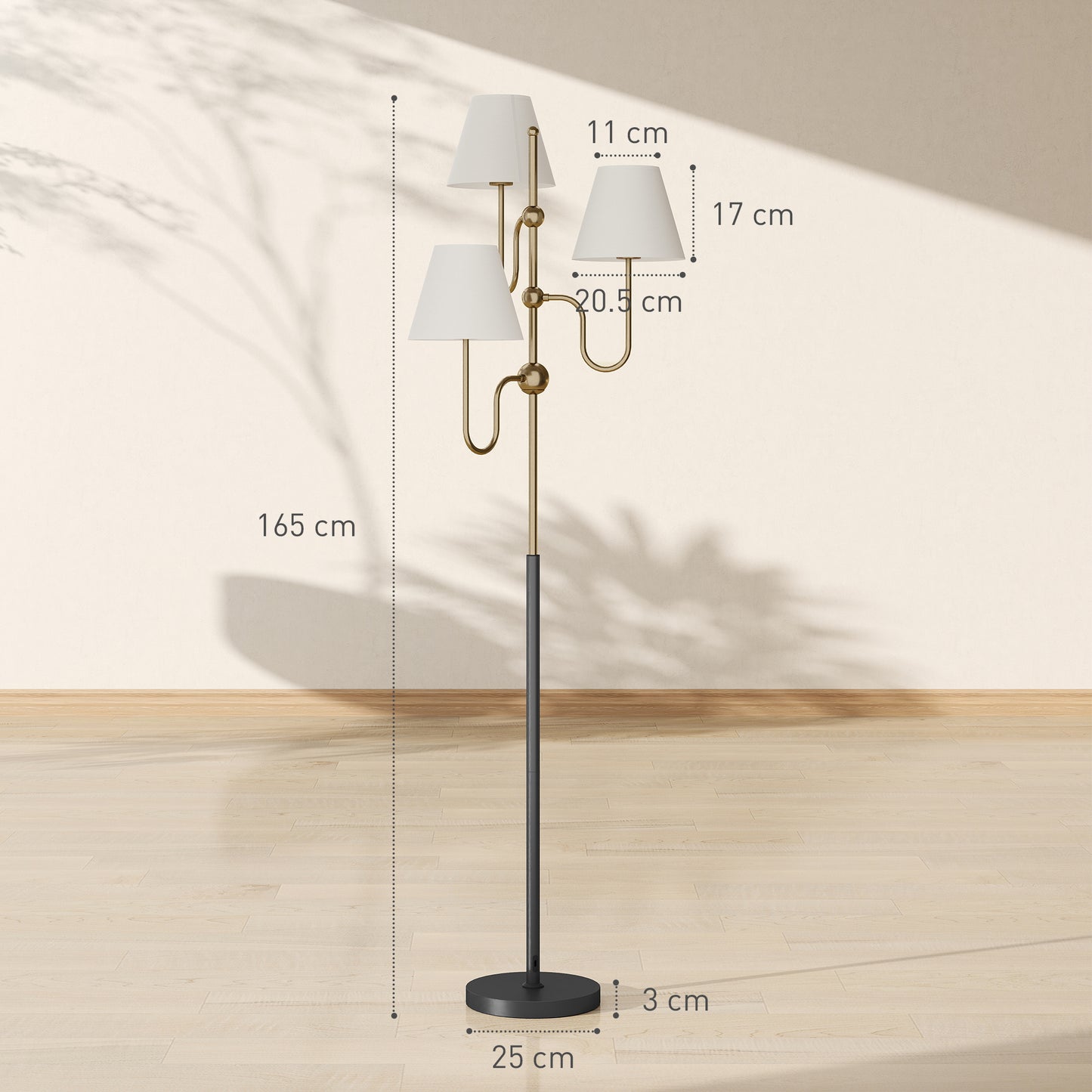 HOMCOM Floor Lamp, 165 cm Tall Standing Lamp with 3 Light and Foot Switch for Living Room, Bedroom, Bedside, Office, E27 Base Without Bulb (40W Max)