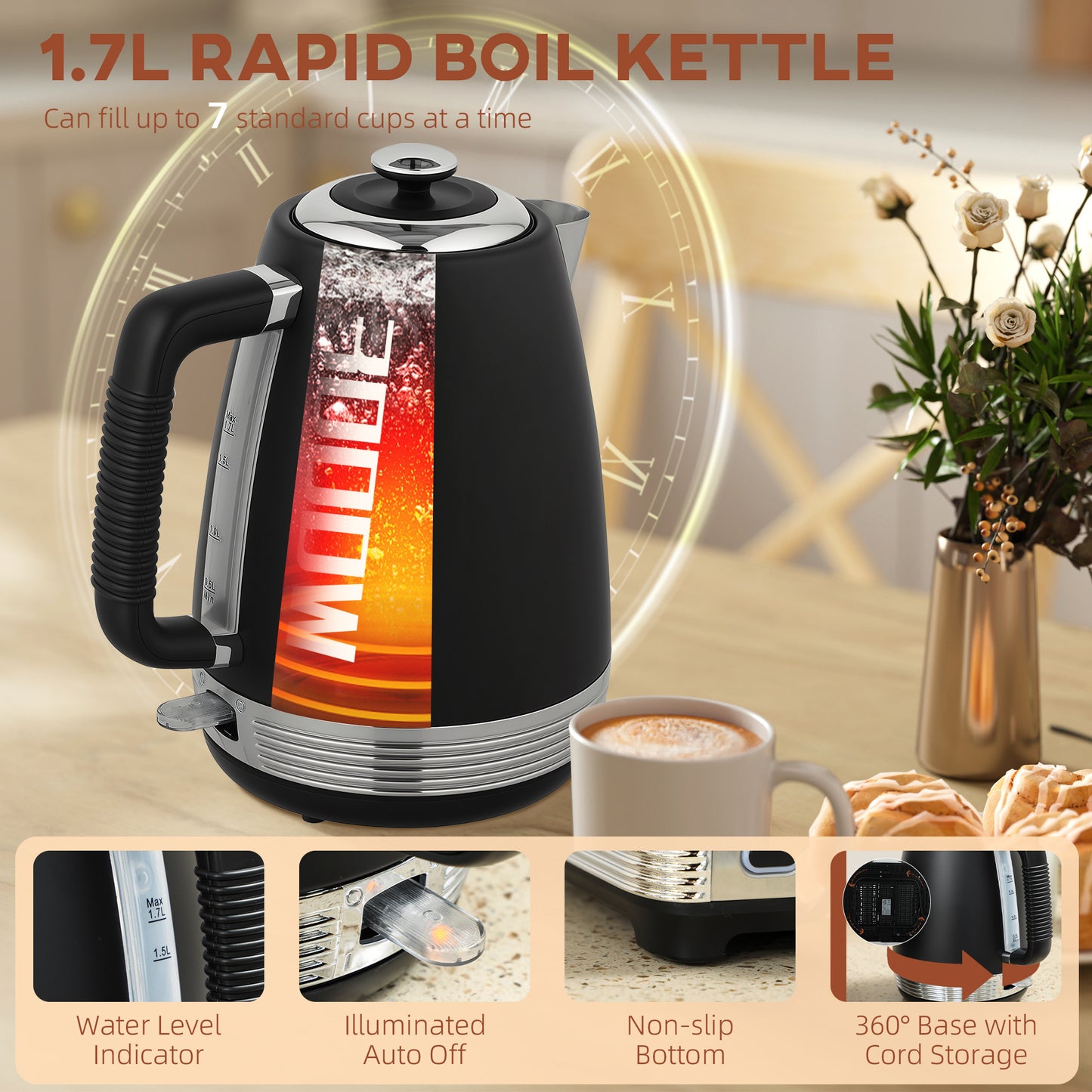 HOMCOM Stainless Steel Kettle and Toaster Set, 1.7L Rapid Boil Kettle, Limescale Filter, 4 Slice Toaster, 7 Browning Levels, Black/Silver