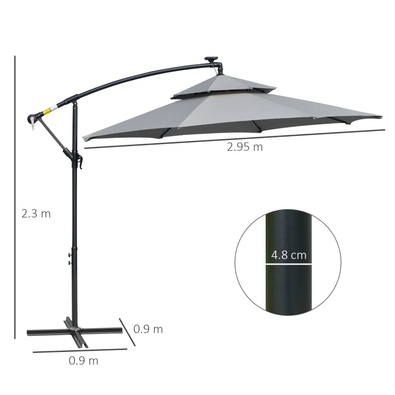 Outsunny 3m Cantilever Banana Parasol Hanging Umbrella with Double Roof, LED Solar lights, Crank, 8 Sturdy Ribs and Cross Base for Outdoor, Garden, Patio, Light Grey