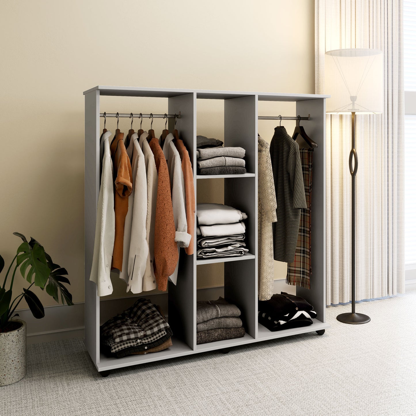 HOMCOM Open Wardrobe on Wheels, Clothes Rails, 3 Shelves, Grey