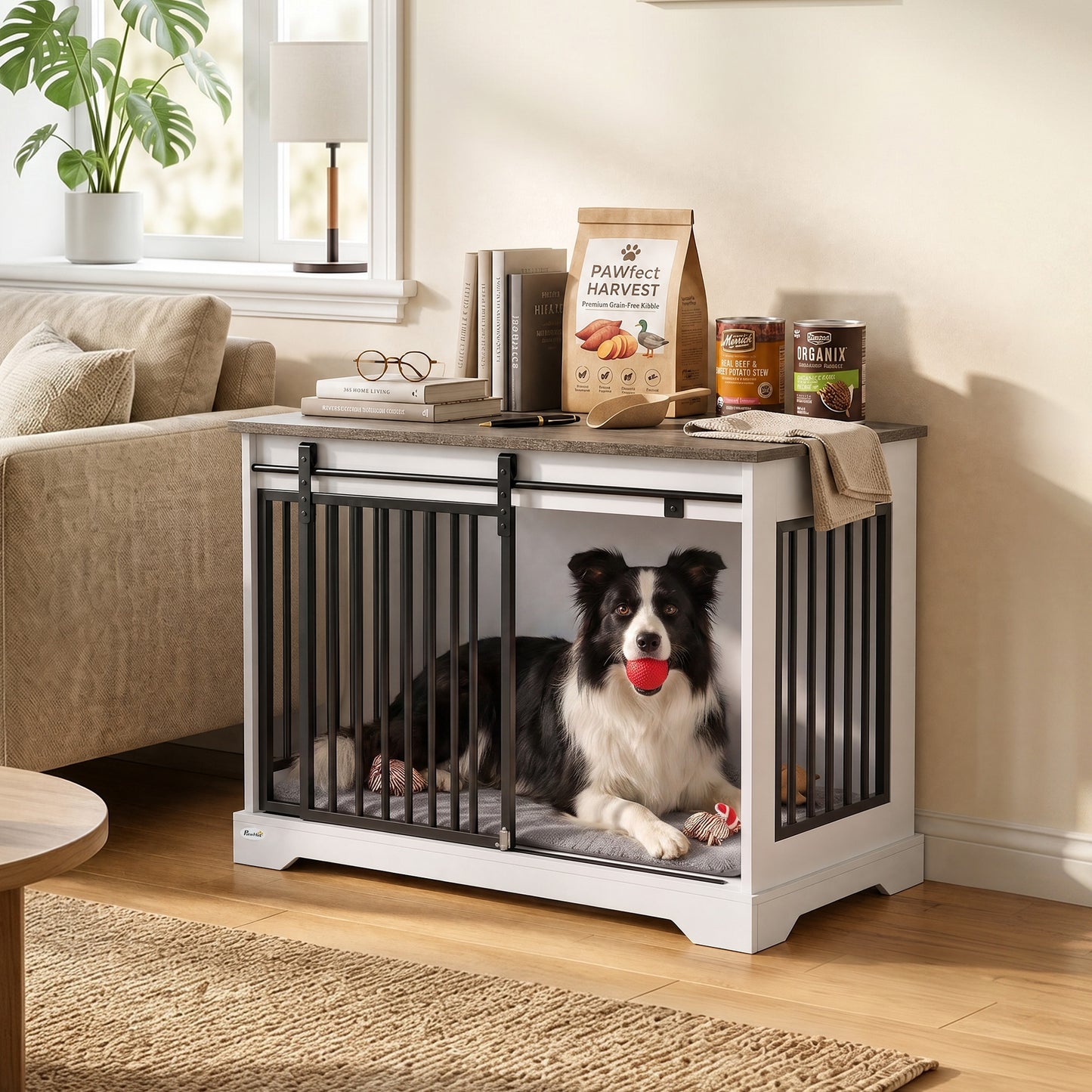 PawHut 80 cm Dog Crate Furniture with Sliding Barn Door for Medium Dogs, White