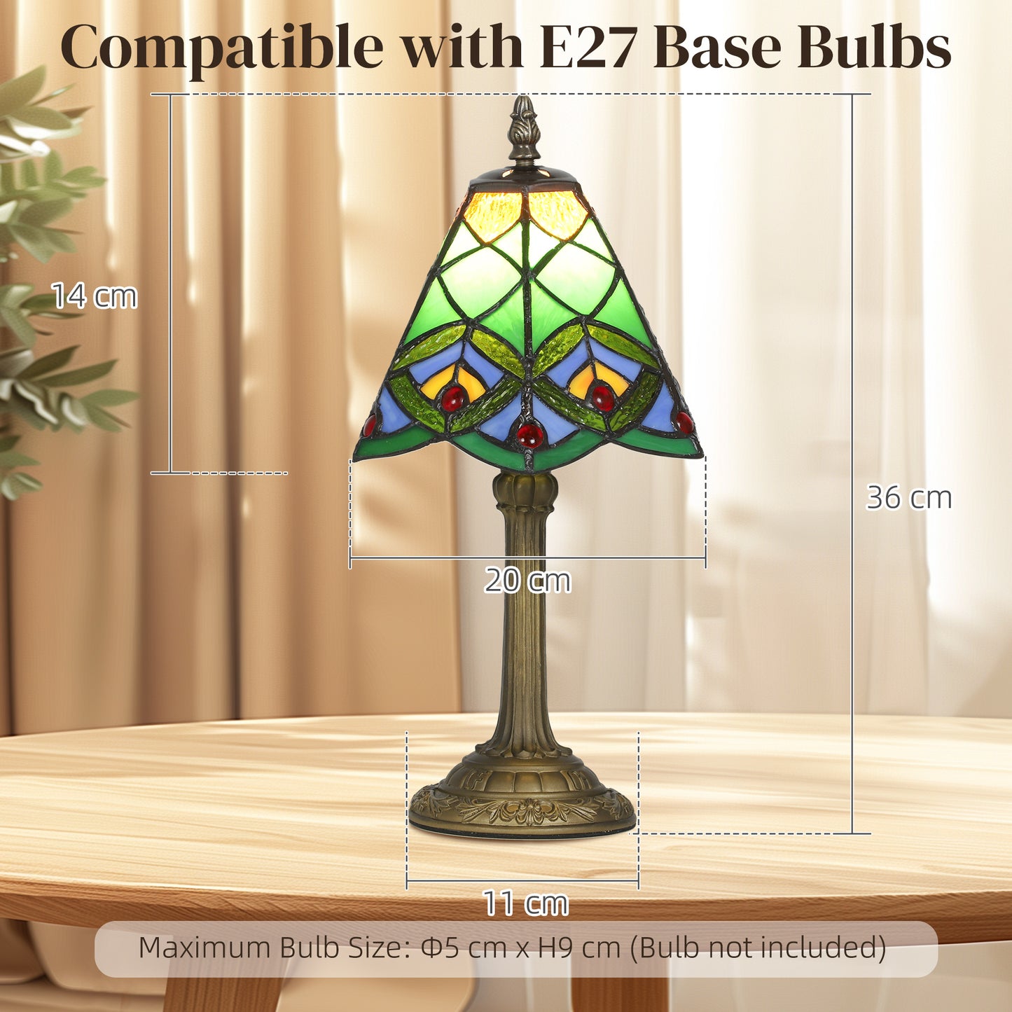 HOMCOM Tiffany-Style Table Lamp, Handcrafted Antique Stained Glass, Geometric Patterns, E27 Socket, for Living Room/Bedroom, Green