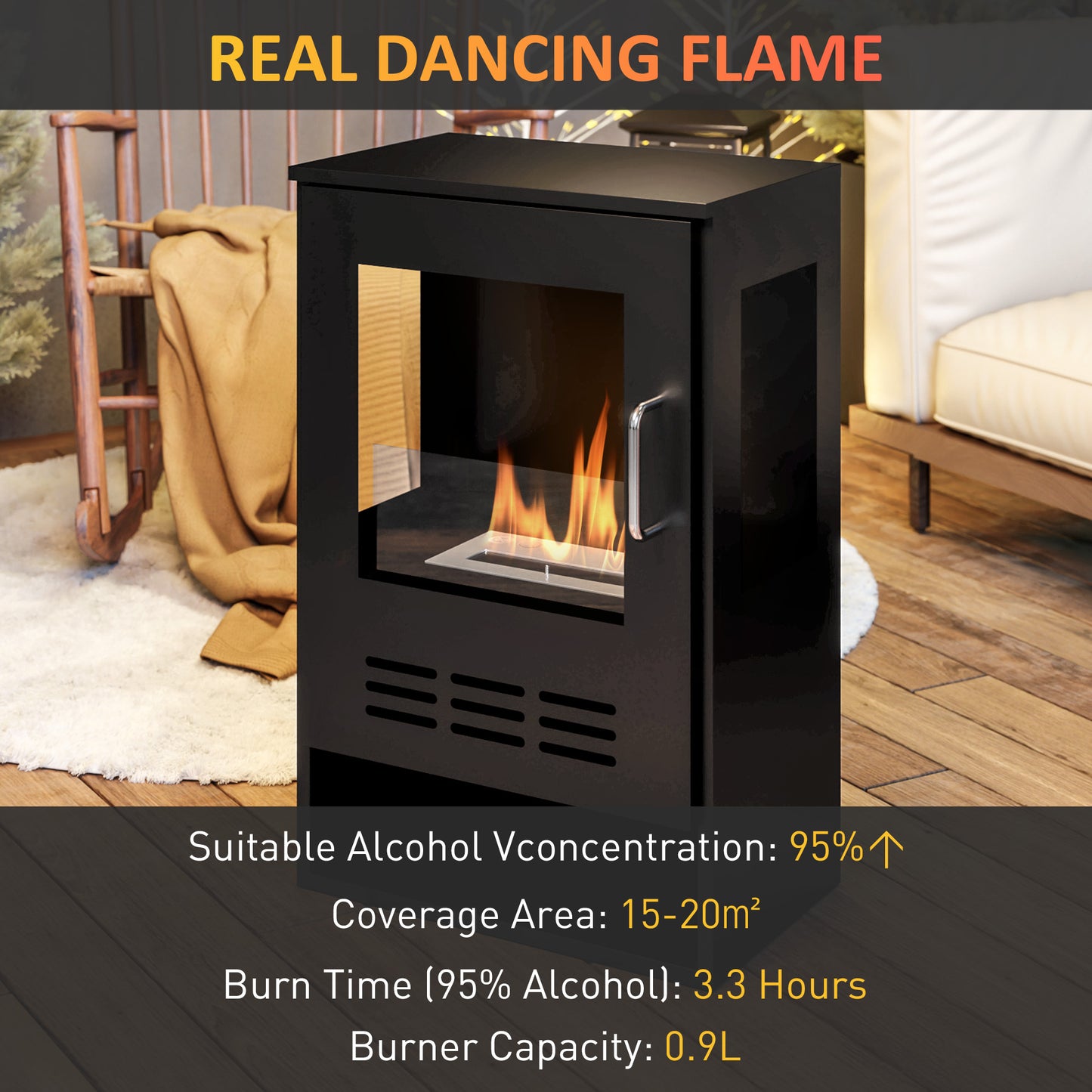 HOMCOM Ethanol Fireplace Stove, Bioethanol Burner, 0.9L Volume, 3.3 Hours Burn, Black