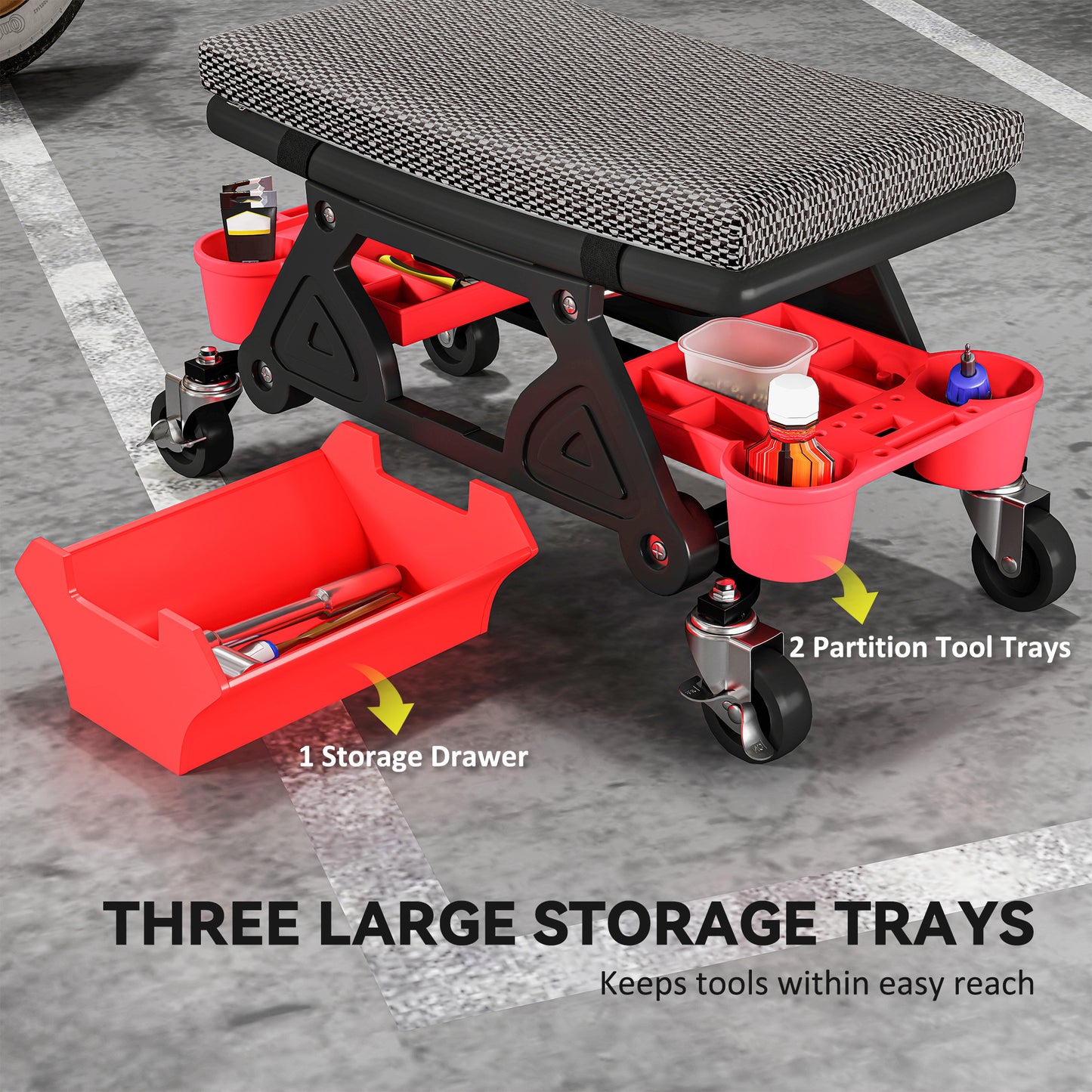HOMCOM Rolling Mechanic Stool, 135kg Capacity, 360° Swivel, Padded Creeper Seat with Wheels, Tool Trays & Drawer for Garage, Auto Repair, Black