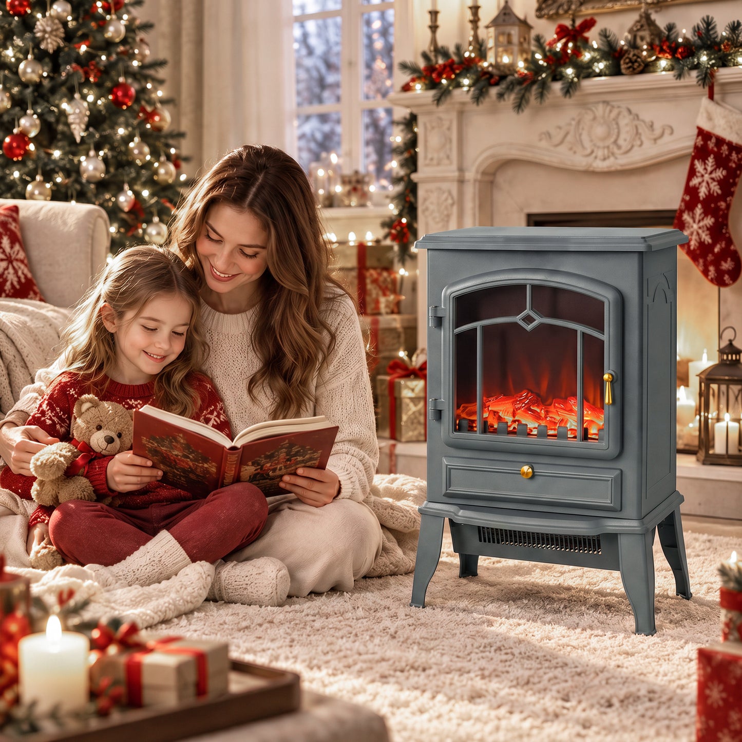 HOMCOM Electric Fireplace Stove, 1000W/2000W, Electric Fire Heater with LED Flame Effect, Adjustable Thermostat, Grey