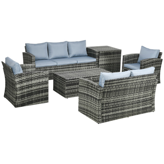 Outsunny 6-Piece Rattan Garden Furniture Set, 7-Seater with Storage, Tea & Side Table, Cushions, Grey.