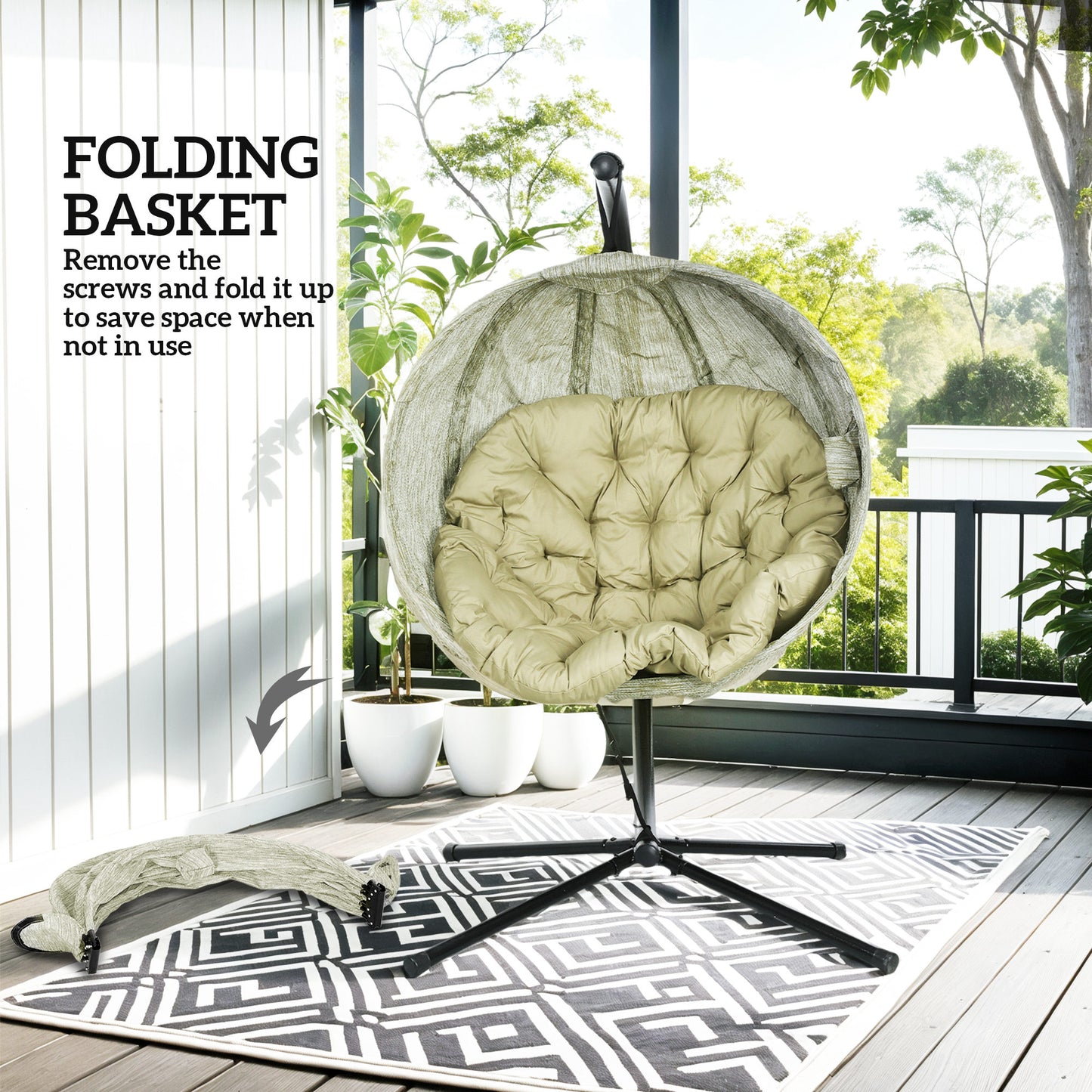 Outsunny Hanging Egg Chair: Indoor/Outdoor Swing with Stand, Cushion, Cup Holder for Patio/Balcony, Khaki