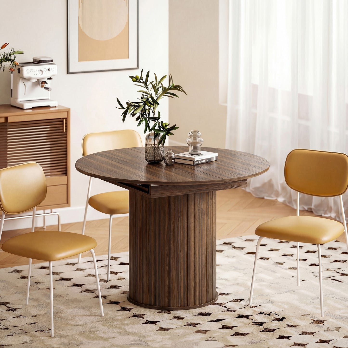 HOMCOM Extendable Round Dining Table Kitchen Table Hidden Leaf Storage Pedestal Base Seats 6-8 110-150 cm Dark Walnut