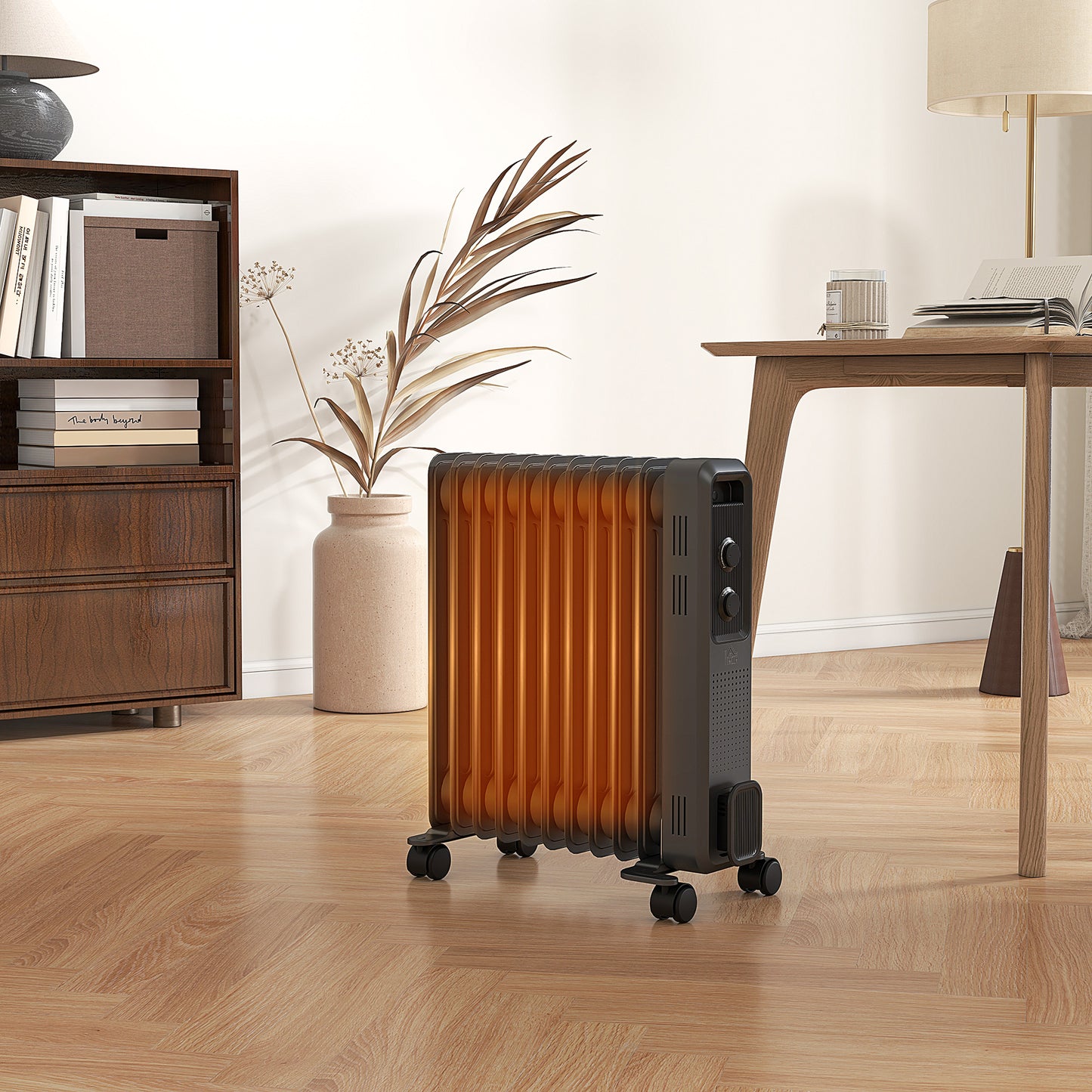 HOMCOM 2500W Oil Filled Radiator, 11 Fin, Portable Electric Heater with 3 Heat Settings, Safety Cut-Off and Wheels, Grey